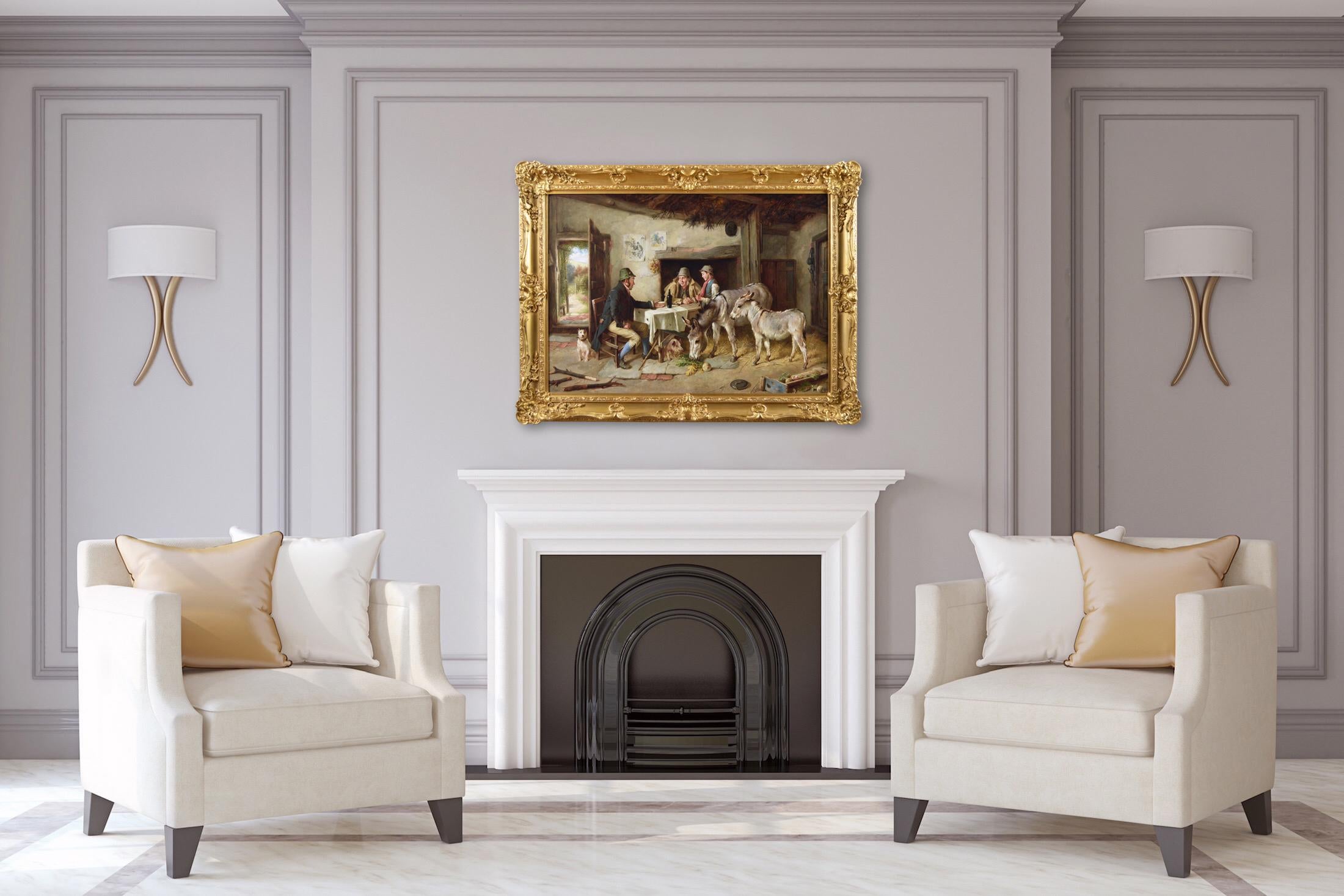 Peinture à l'huile de genre du 19e siècle représentant des personnages dans un cottage avec deux ânes et un chien en vente 7