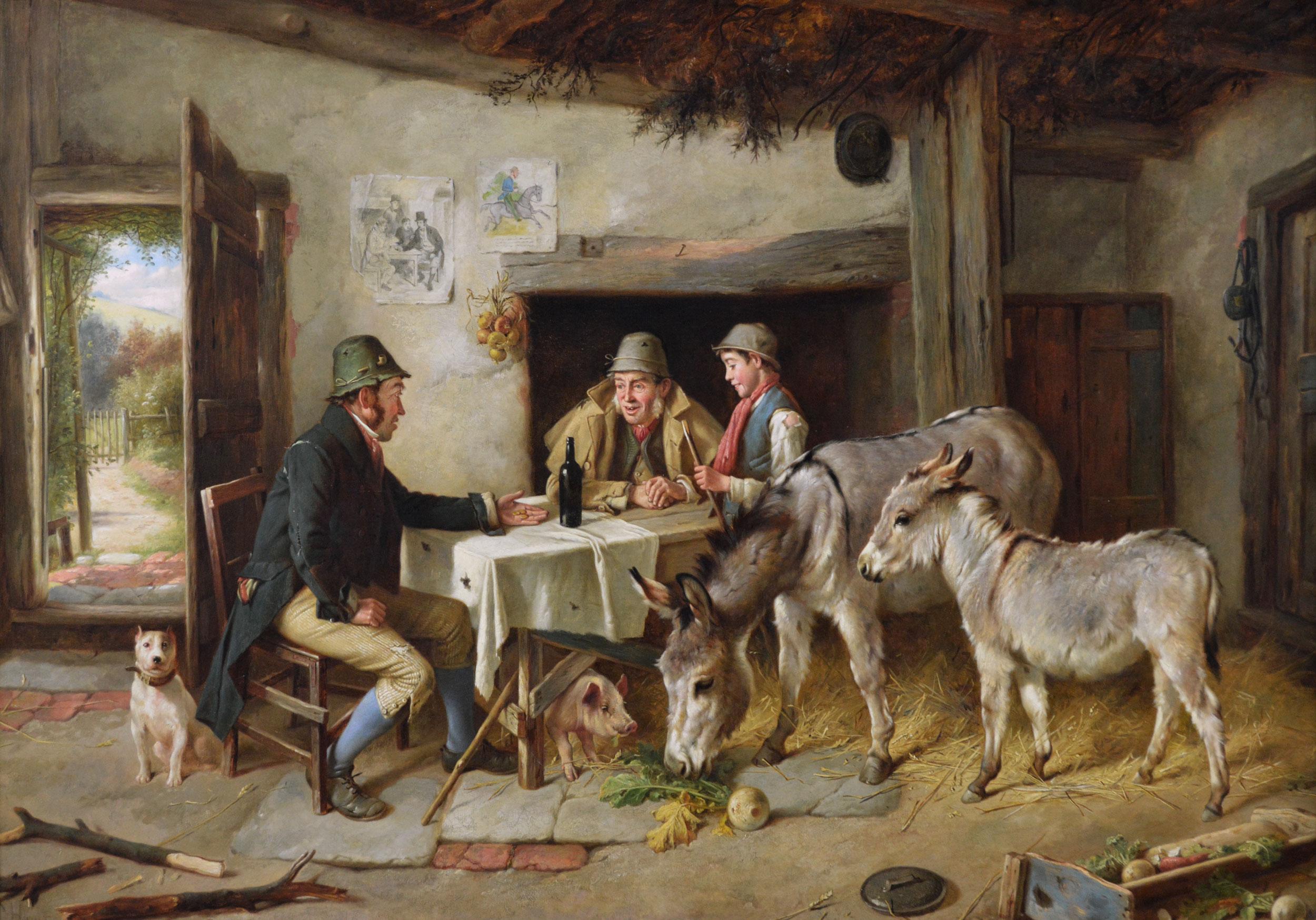 19th Century genre oil painting of figures in a cottage with two donkeys & a dog - Painting by Charles Hunt Jnr