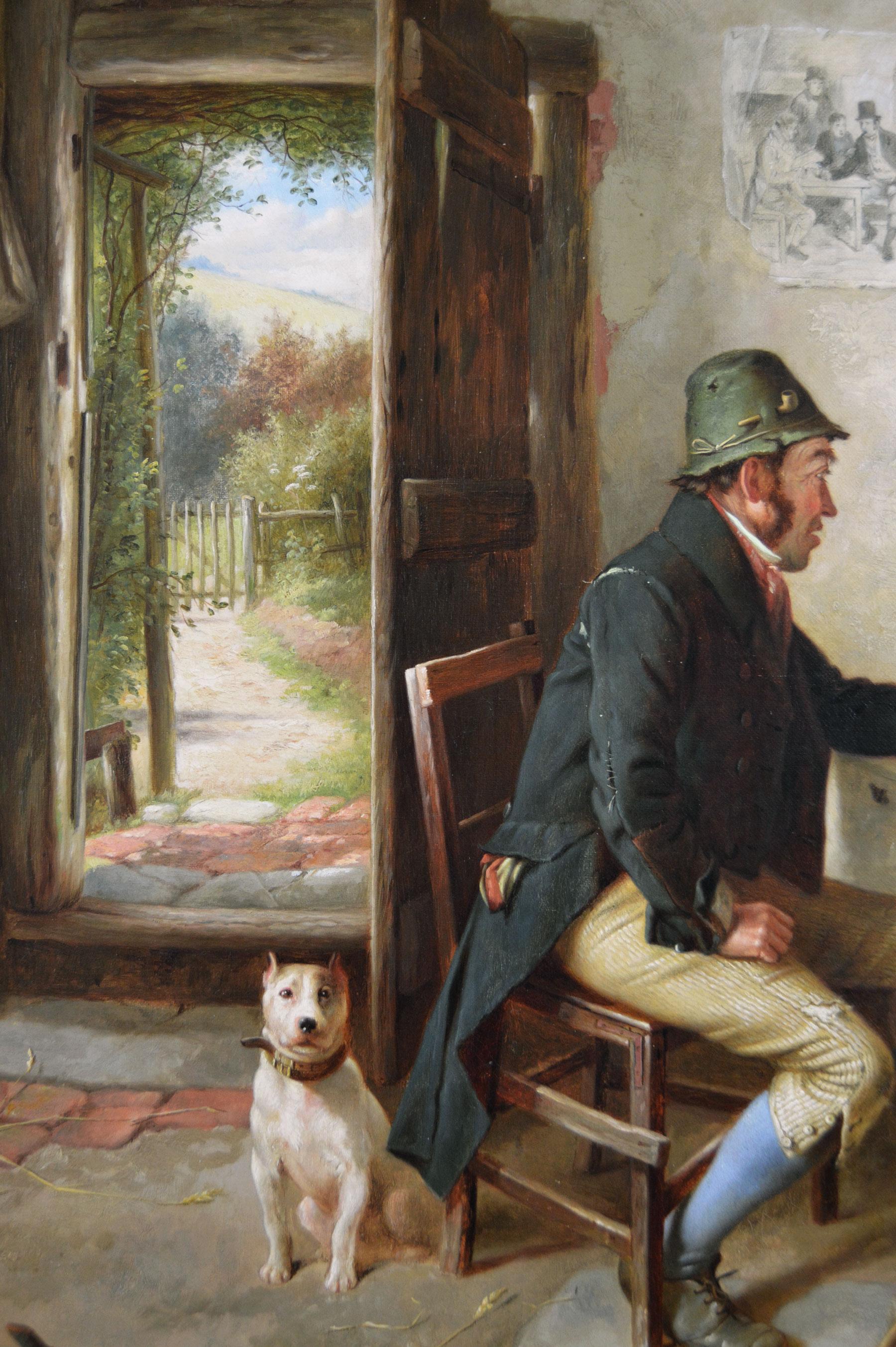 19th Century genre oil painting of figures in a cottage with two donkeys & a dog - Brown Figurative Painting by Charles Hunt Jnr