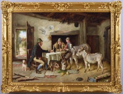 Vintage 19th Century genre oil painting of figures in a cottage with two donkeys & a dog