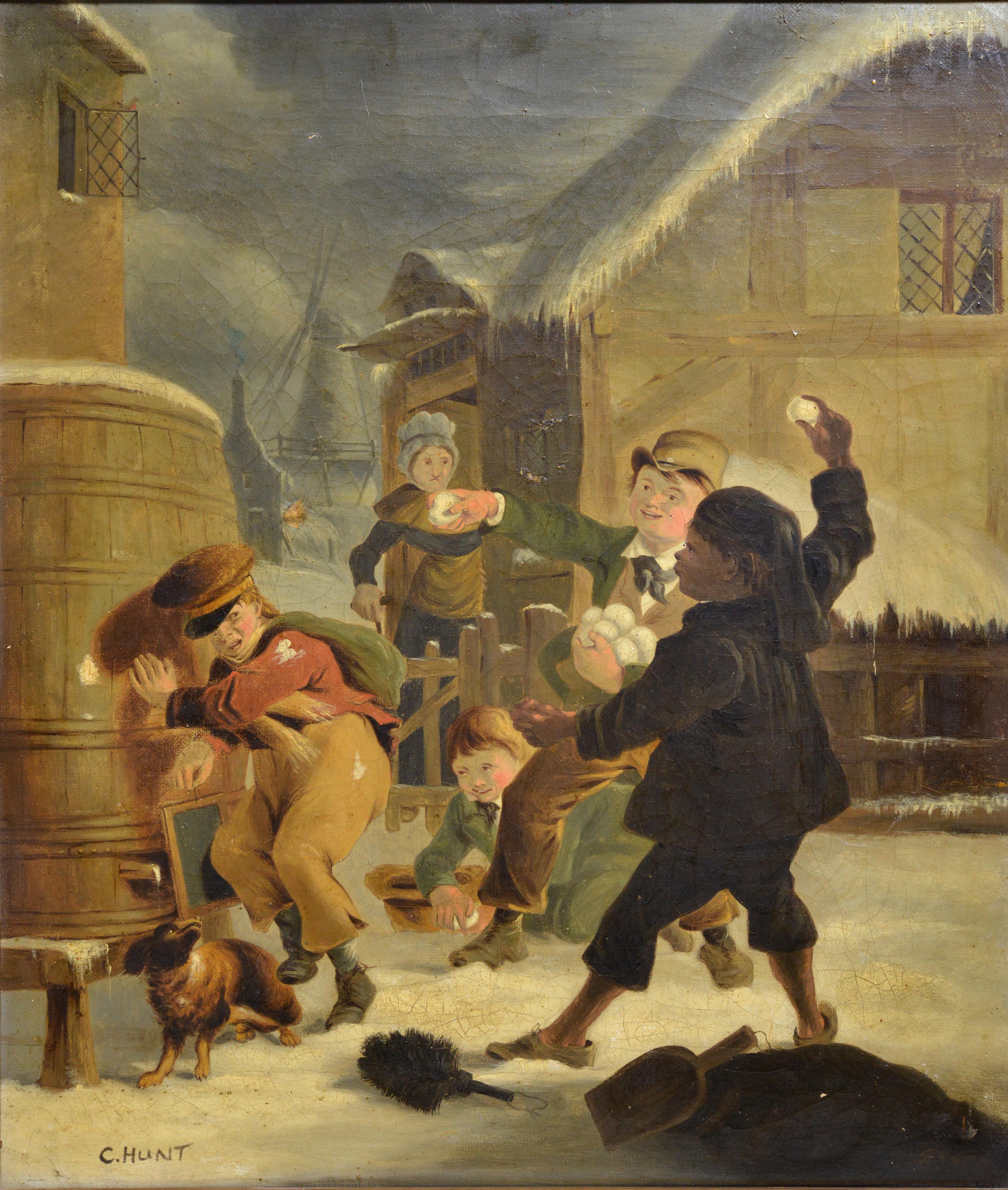 British Genre scene Unequal snowball fight 19th century Oil painting Signed - Painting by Charles Hunt Jnr