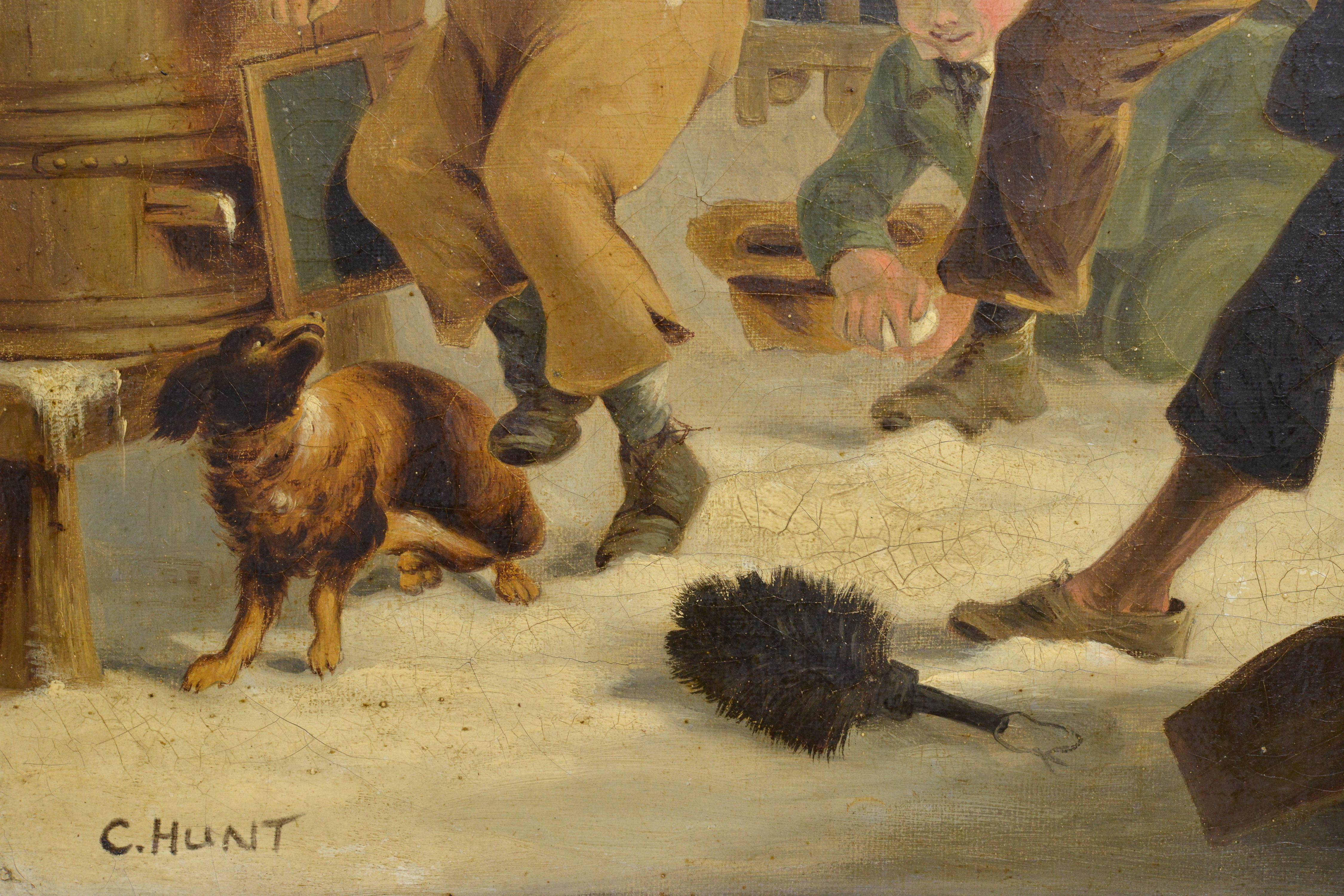 British Genre scene Unequal snowball fight 19th century Oil painting Signed For Sale 2