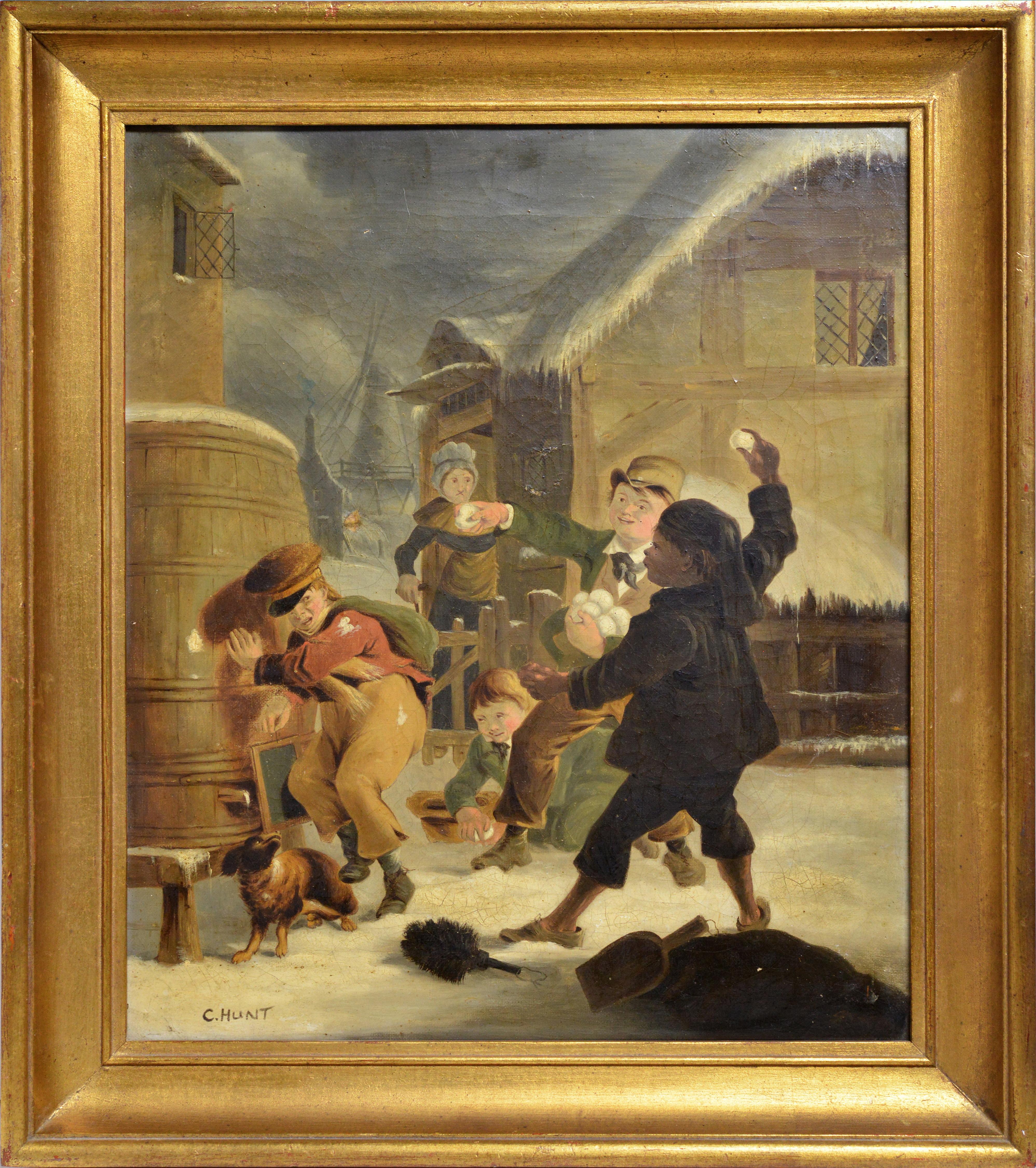 Scène de genre britannique Bataille inégale de boules de neige 19e siècle Peinture à l'huile Signée
