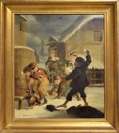 British Genre scene Unequal snowball fight 19th century Oil painting Signed