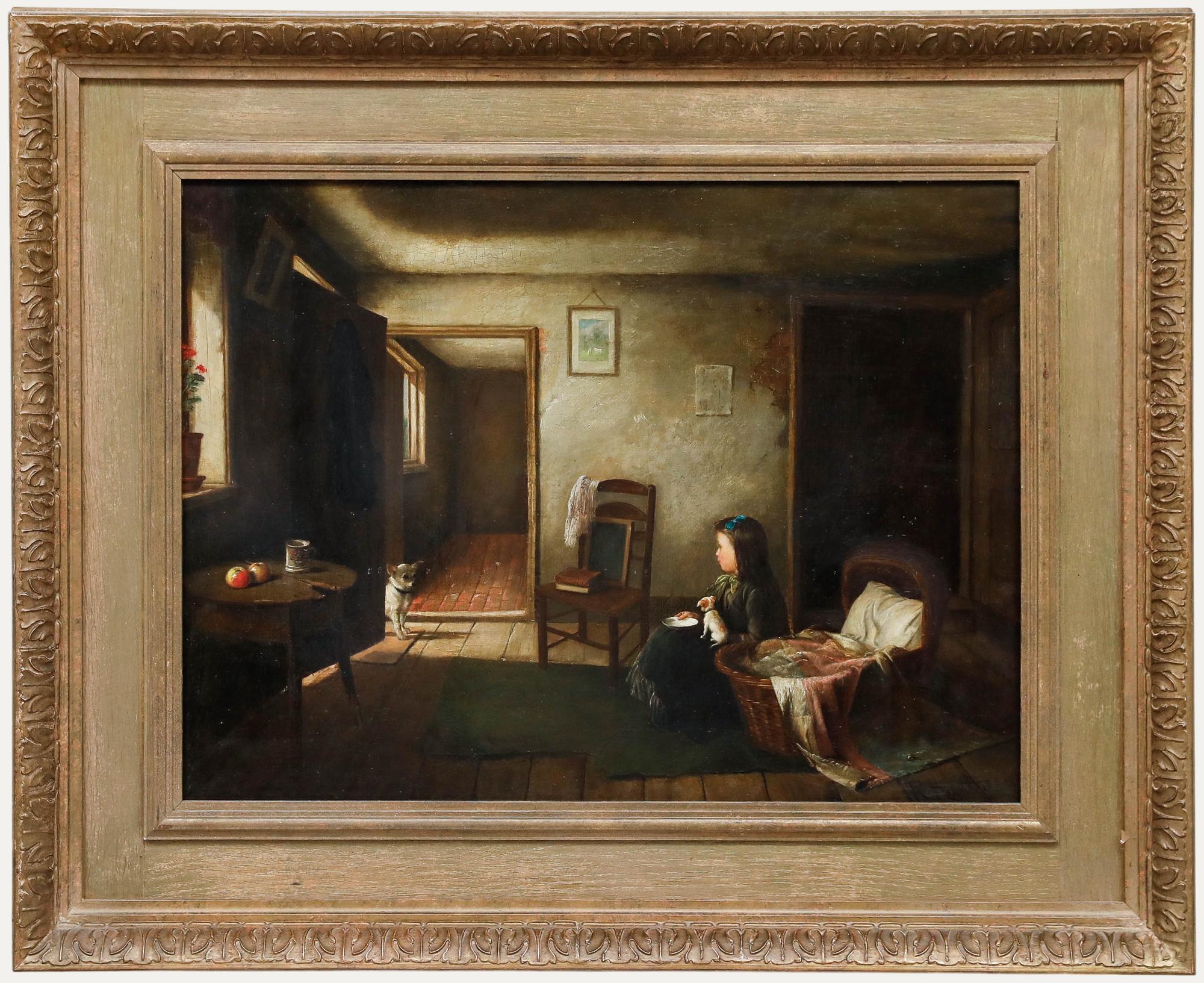 Interior Painting di Charles Hunt Jnr - Charles Hunt Jr (1829-1900) - Olio del 1882, Il visitatore curioso