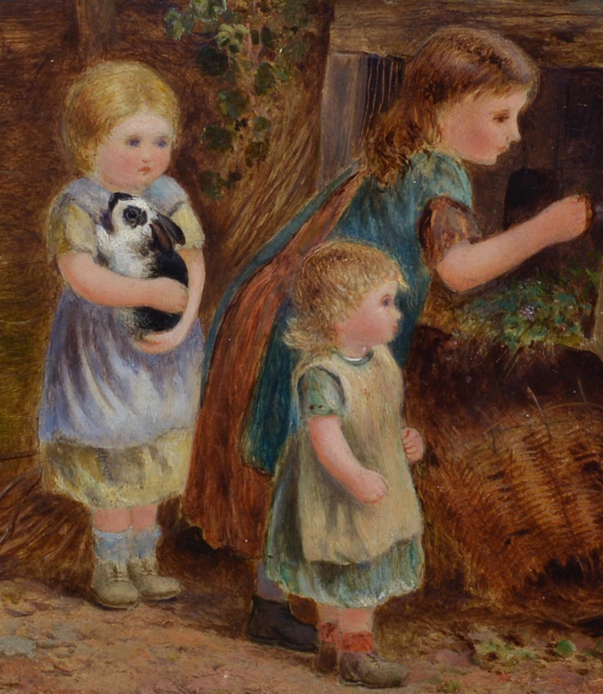 The Rabbit Hutch, Charles Hunt, Jr, British, Children, Animals - Realist Painting by Charles Hunt Jnr