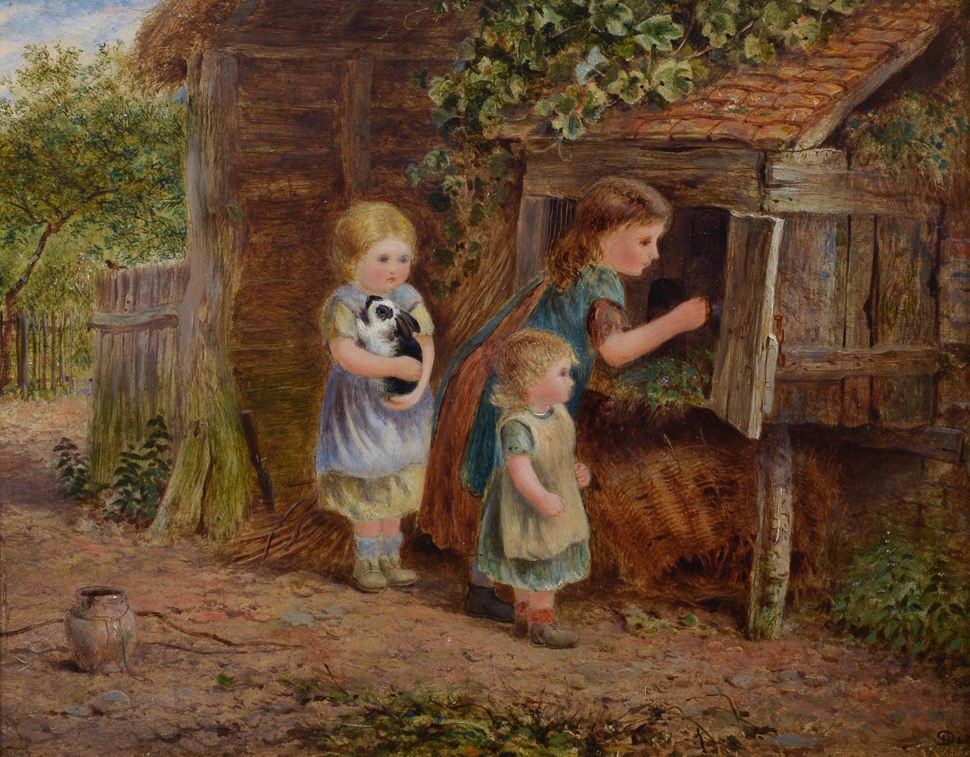 Charles Hunt Jnr Animal Painting – The Rabbit Hutch, Charles Hunt, Jr, Britisch, Kinder, Tiere