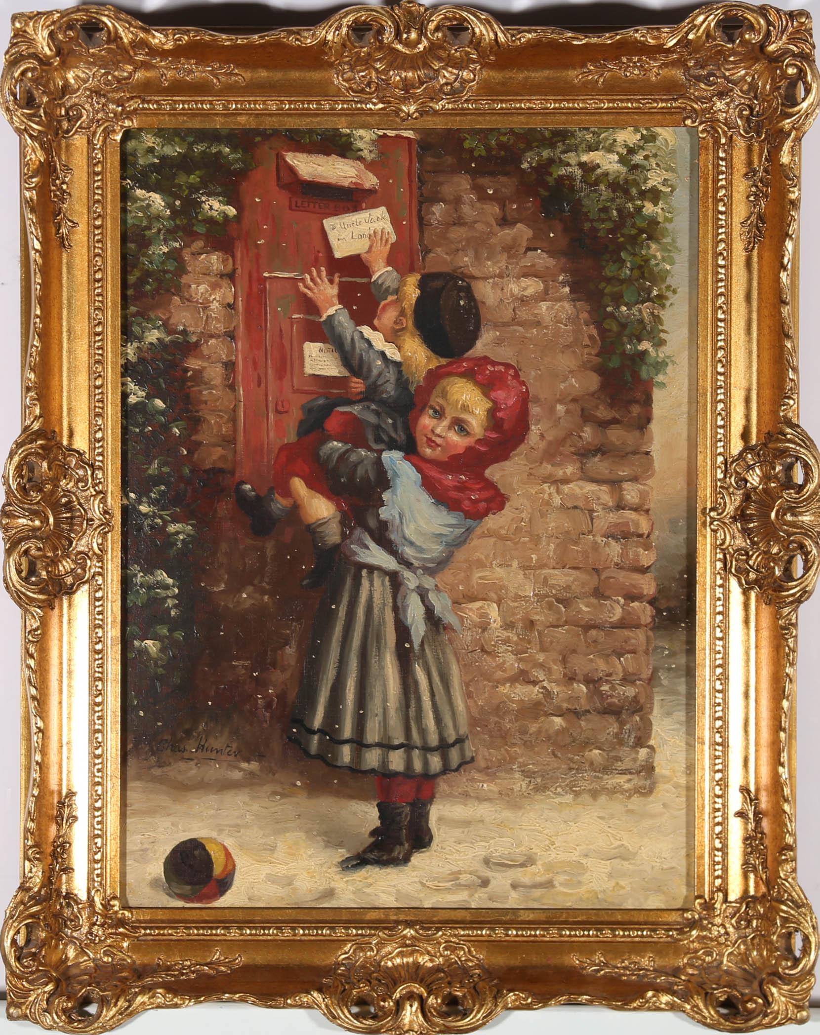 A delightful scene depicting a girl picking up her younger brother to help him post a letter addressed to their Uncle Jack. The artist captures the children on a snowy lane before a stone wall and traditional English letterbox. Signed to the lower