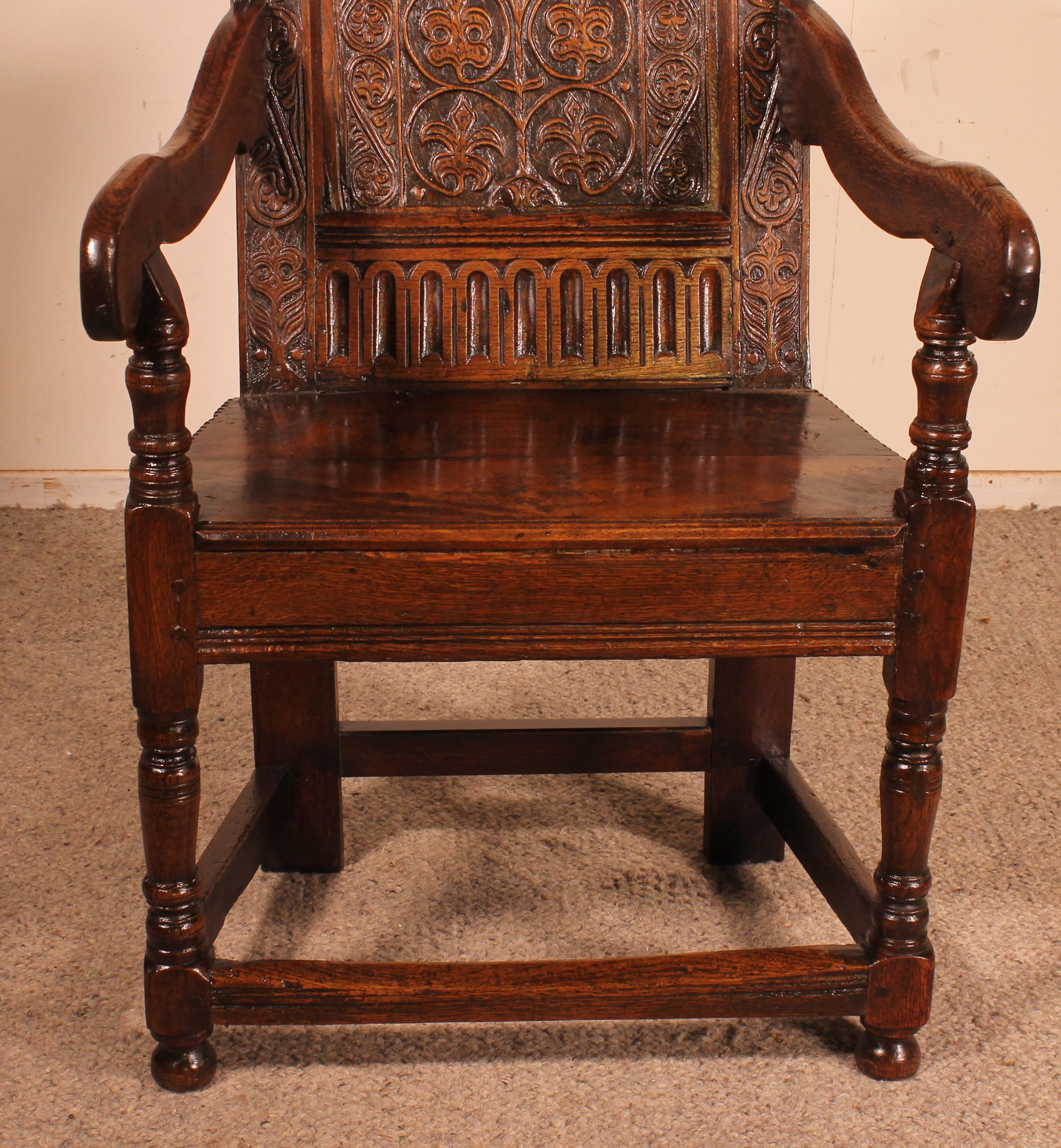 Rare armchair called joined arm chair from the beginning of the 17th century Charles I period.

We see it from the same region as that one of Sothobys with a superb carved back decorated with flowers and its two uprights carved on the upper and