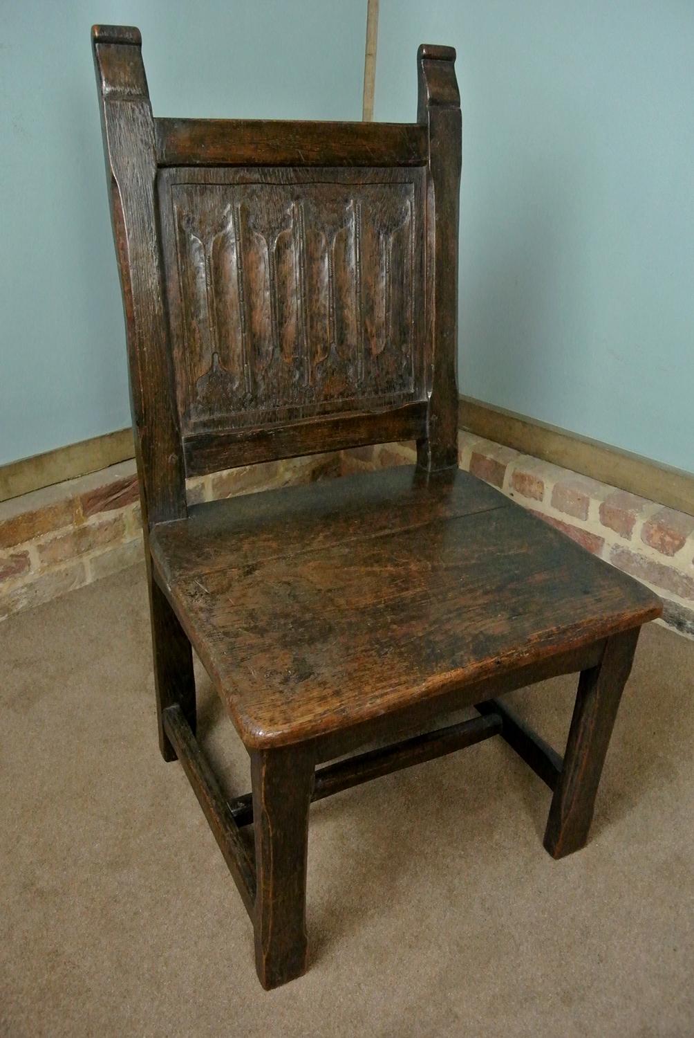 18th Century and Earlier Charles I Oak Chair with Linen Fold Back Panel c.1640