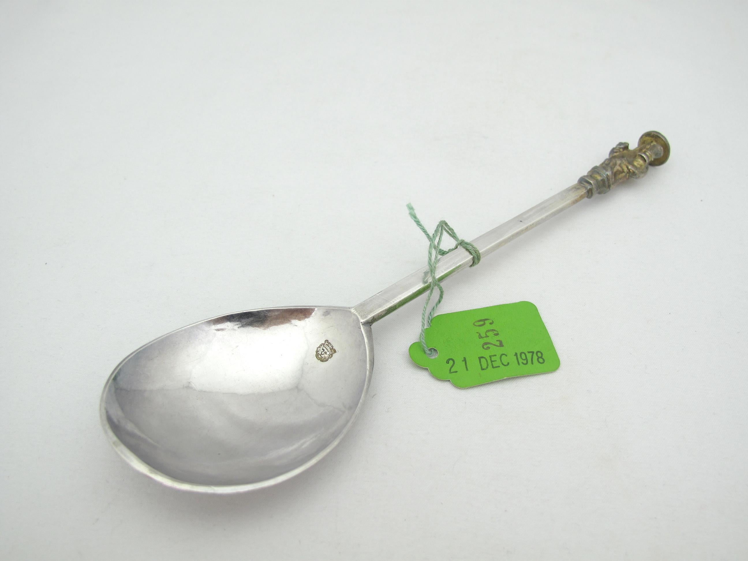 A Charles I Parcel gilt silver Apostle spoon, The Master / Christ, Hallmarked London, 1628. Prick marked on the back of bowl 1629 MF MM length 7 1/8 in. Purchased at Sotheby's Parke Bernet, London December 21, 1978. Part of a large collection of old
