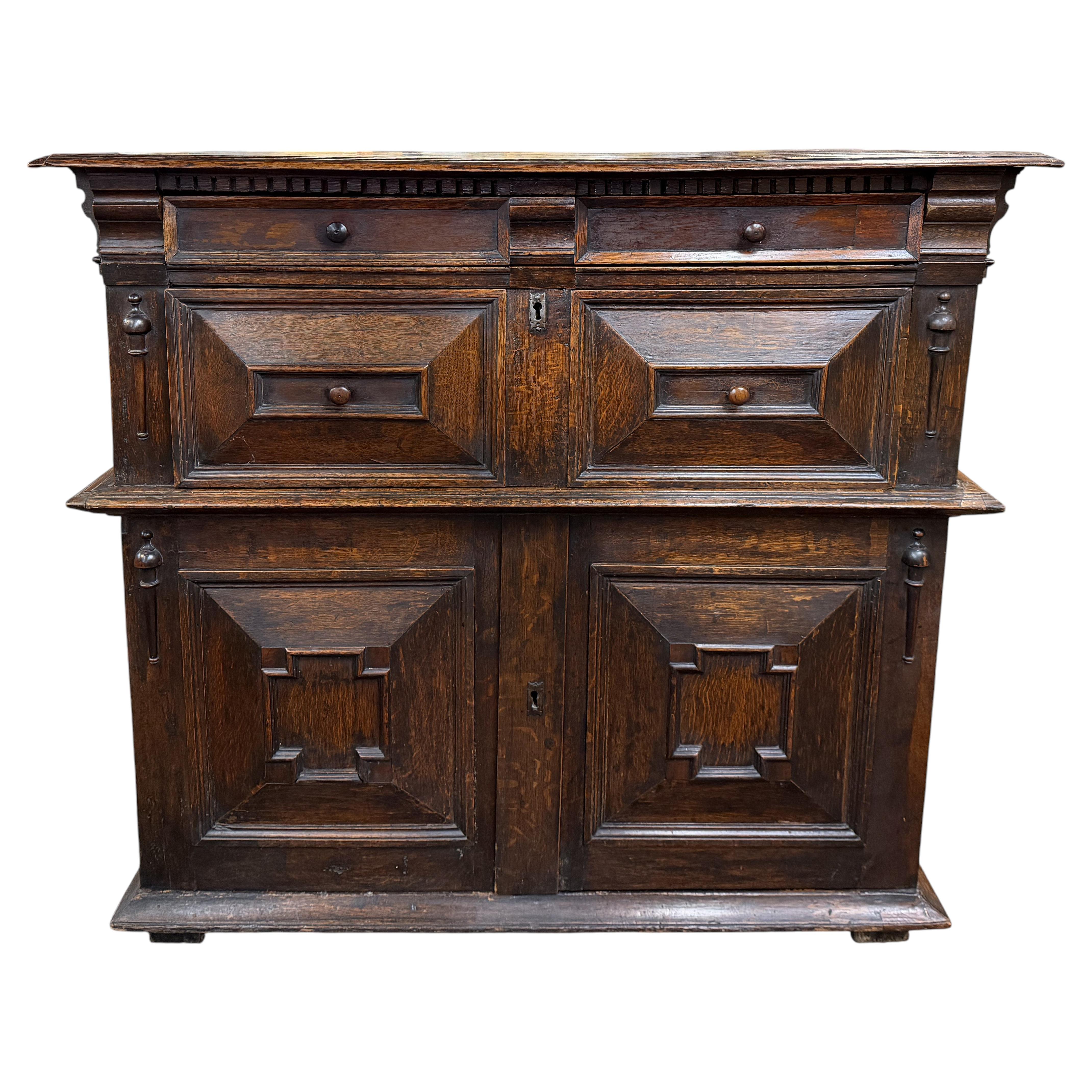 Charles II Enclosed Chest of Drawers in Oak with Raised Geometric Panels For Sale