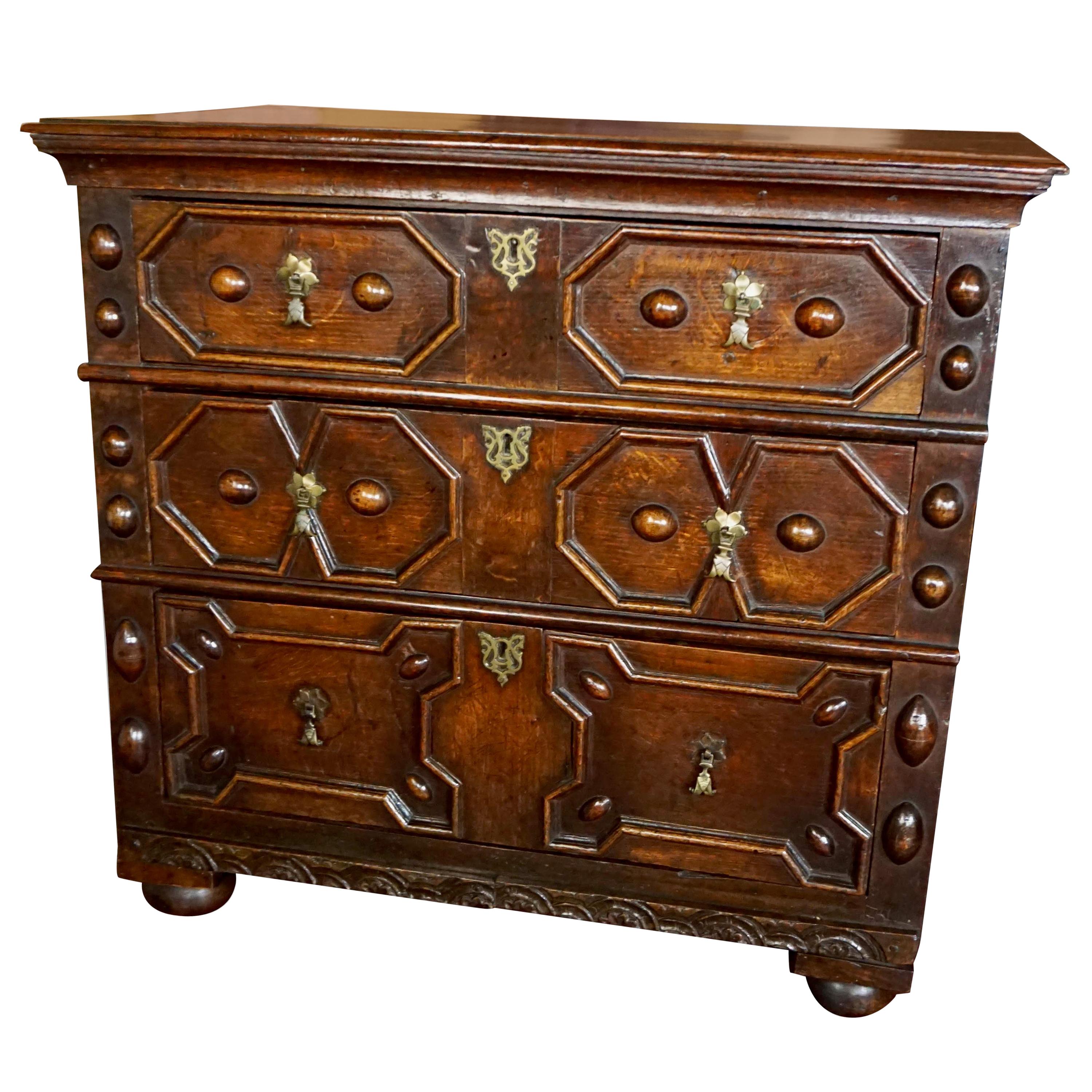 Charles II Oak 3-Drawer Chest with Mitre Moulded Drawer Fronts