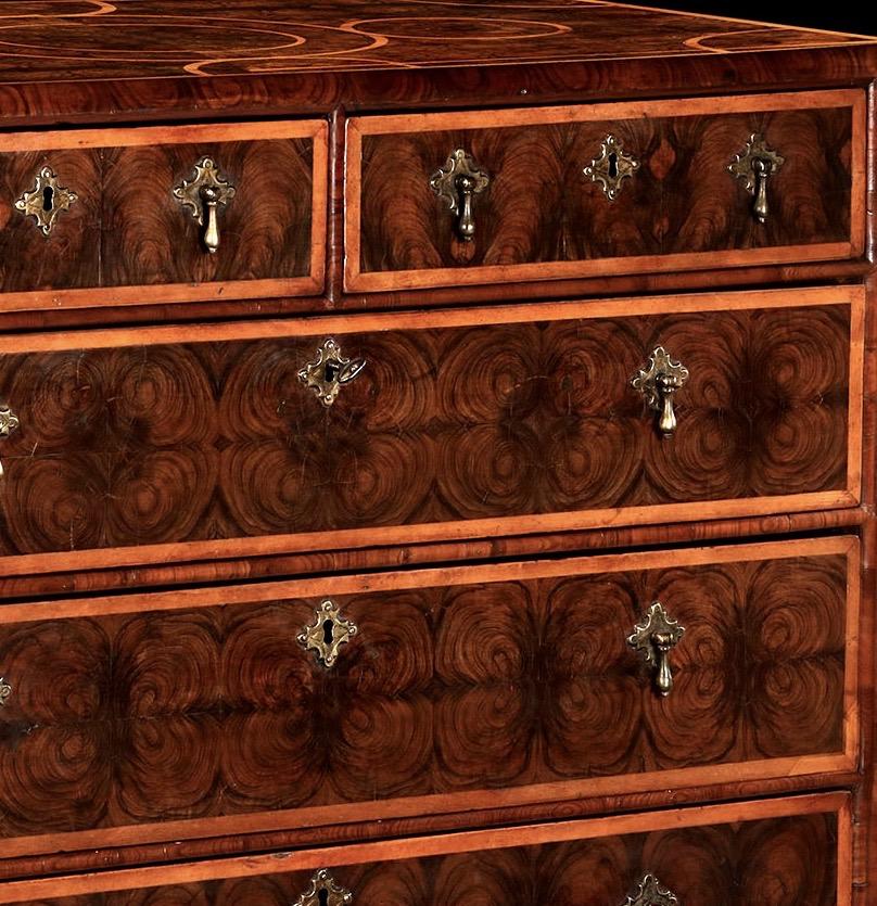 British Charles II Olive Oyster Chest, circa 1670-1685
