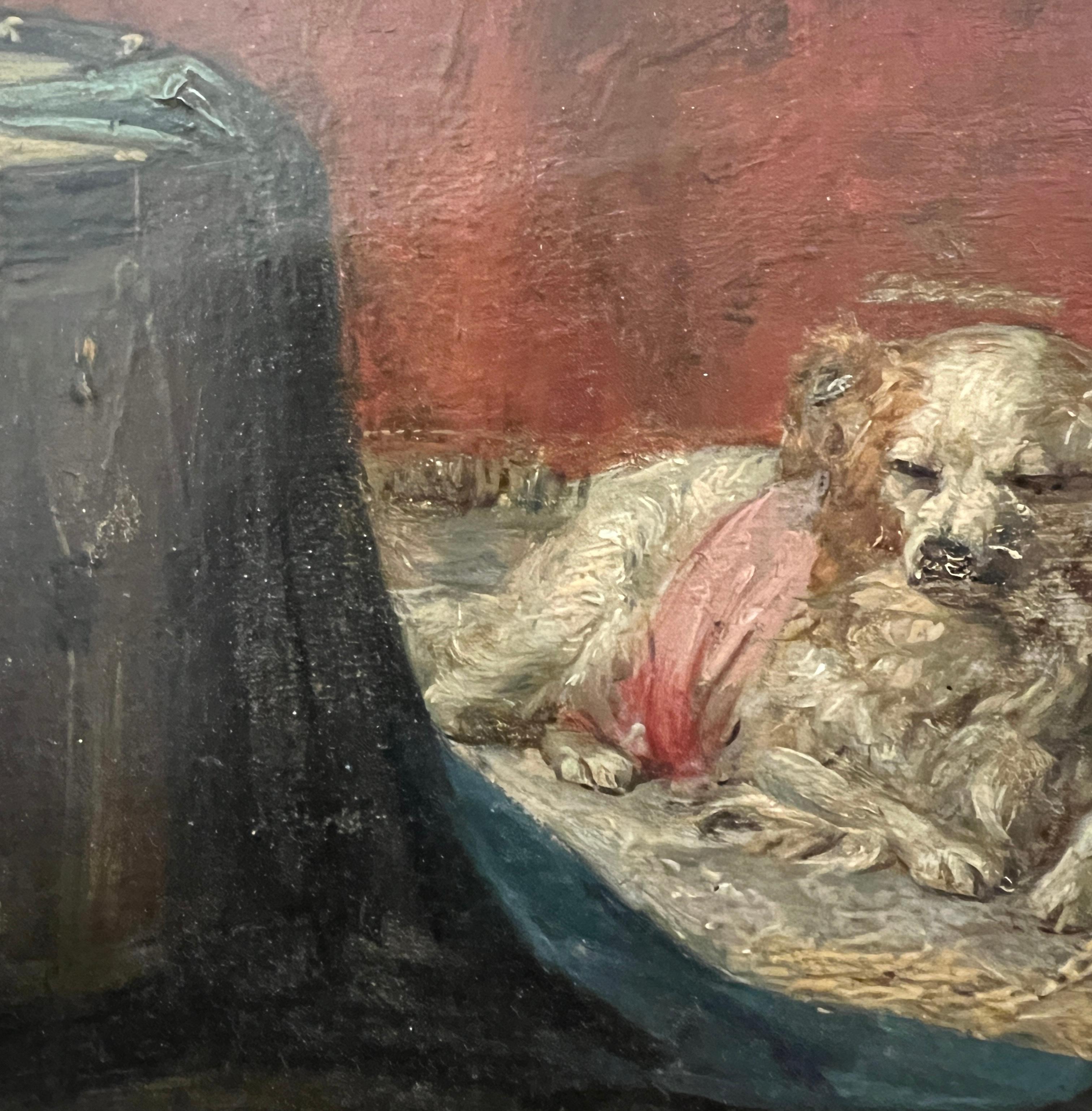 Lavorare sul Wood
Telaio in legno dorato
24 x 30.5 x 3 cm



Quest'opera sorprendente rappresenta due cani in un interno dalle tonalità calde e avvolgenti. Lo sfondo rosso intenso conferisce un'atmosfera ricca e teatrale alla scena, sottolineando la