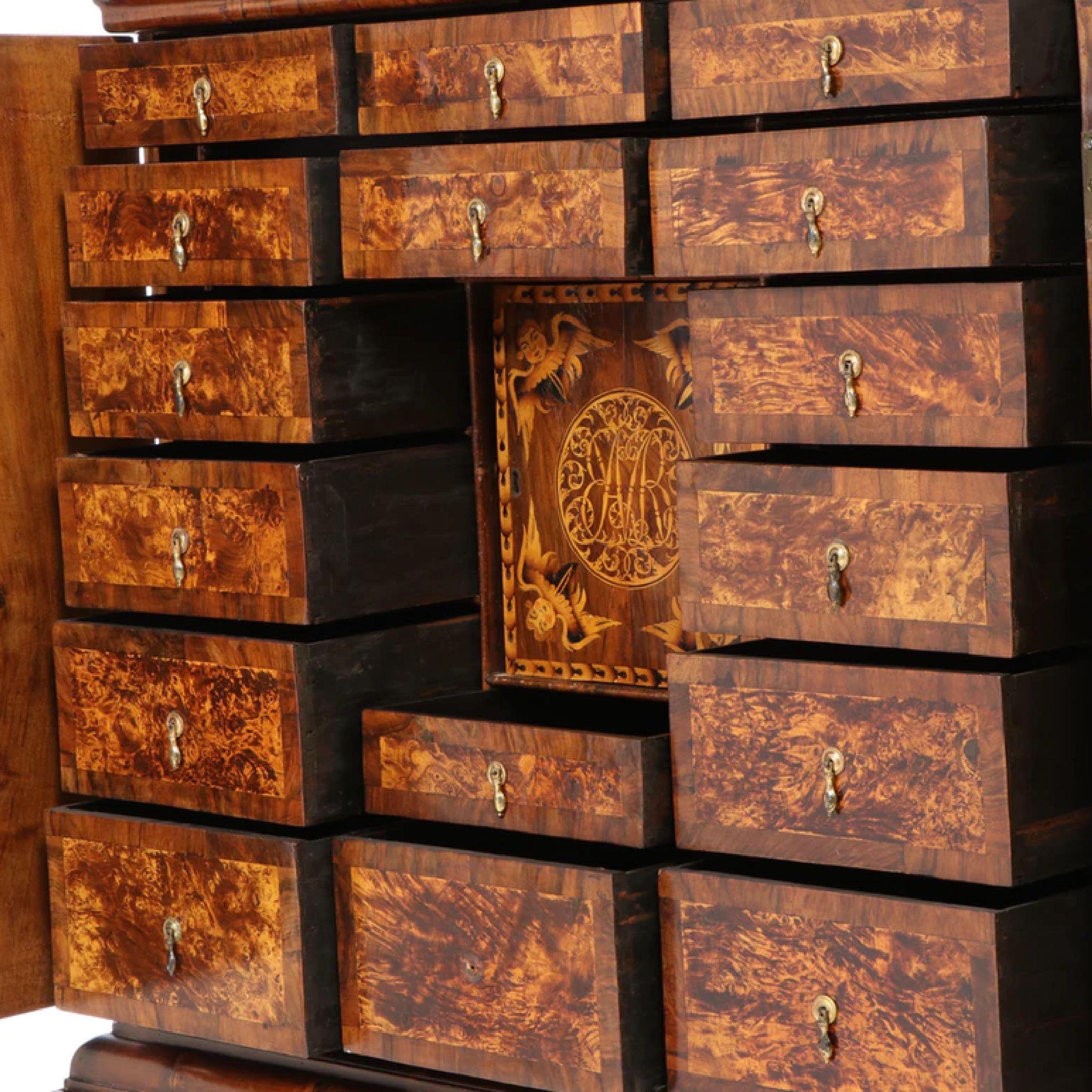 British Charles II Walnut, Mulberry Marquetry Cabinet, Gilt Stand, 17th C H.F. du Pont For Sale