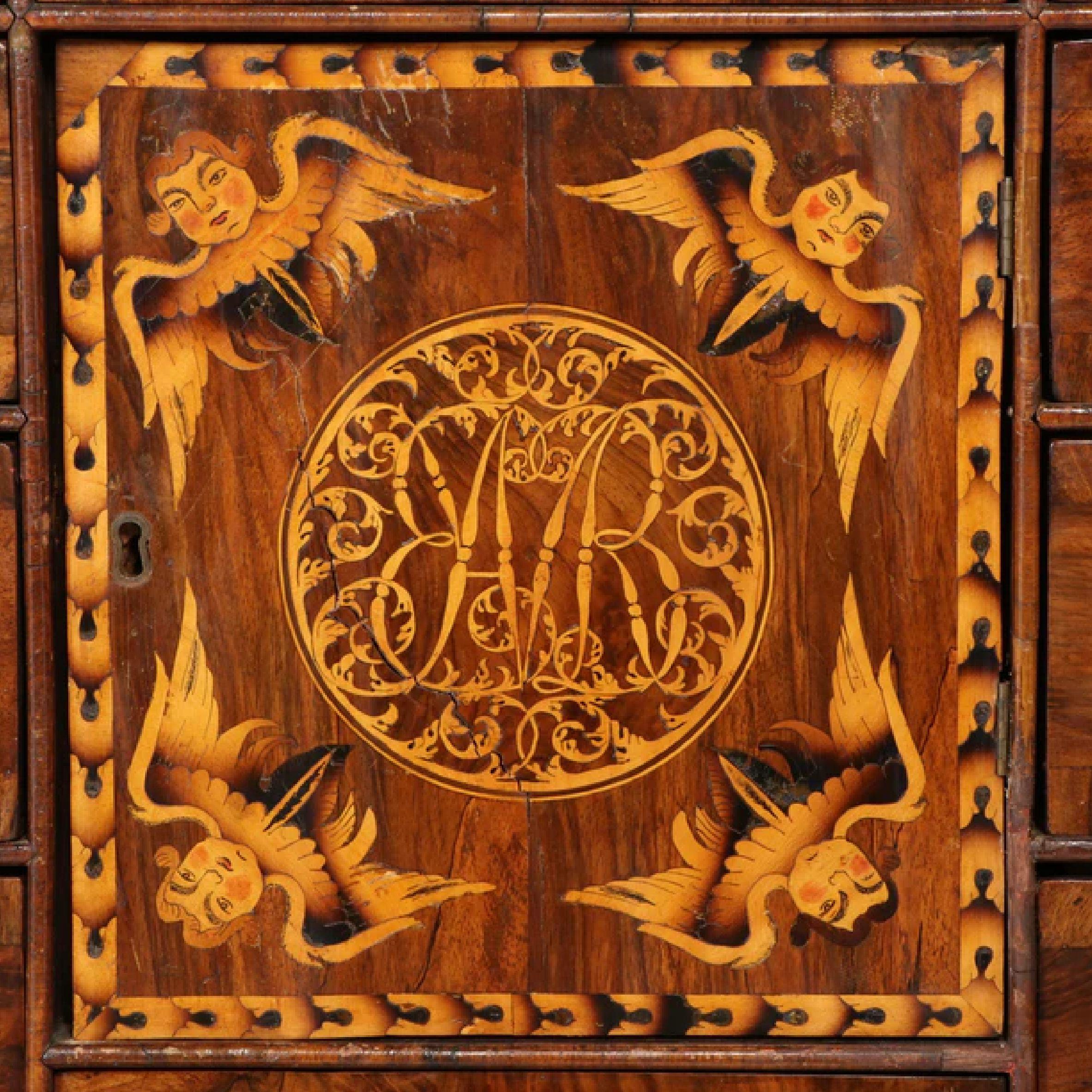 Charles II Walnut, Mulberry Marquetry Cabinet, Gilt Stand, 17th C H.F. du Pont In Good Condition For Sale In Brooklyn, NY
