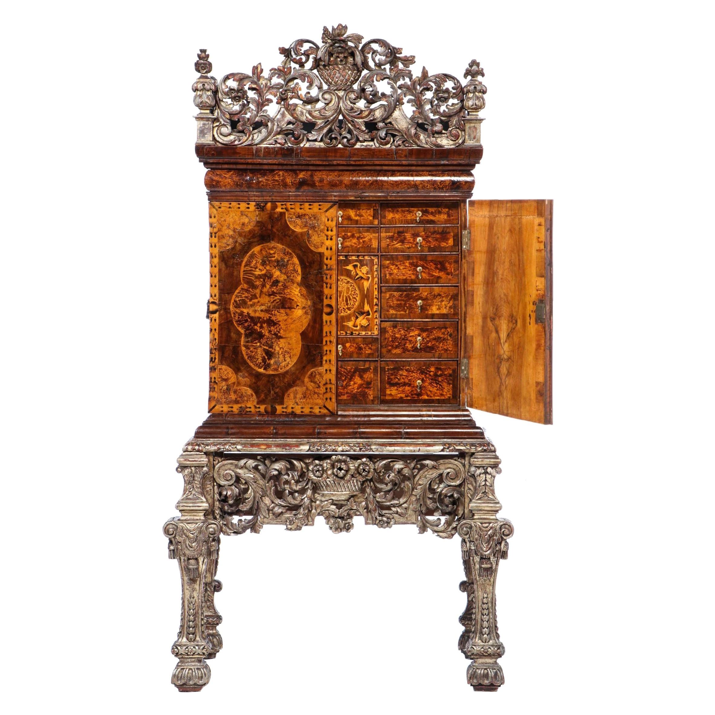 Charles II Walnut, Mulberry Marquetry Cabinet, Gilt Stand, 17th C H.F. du Pont