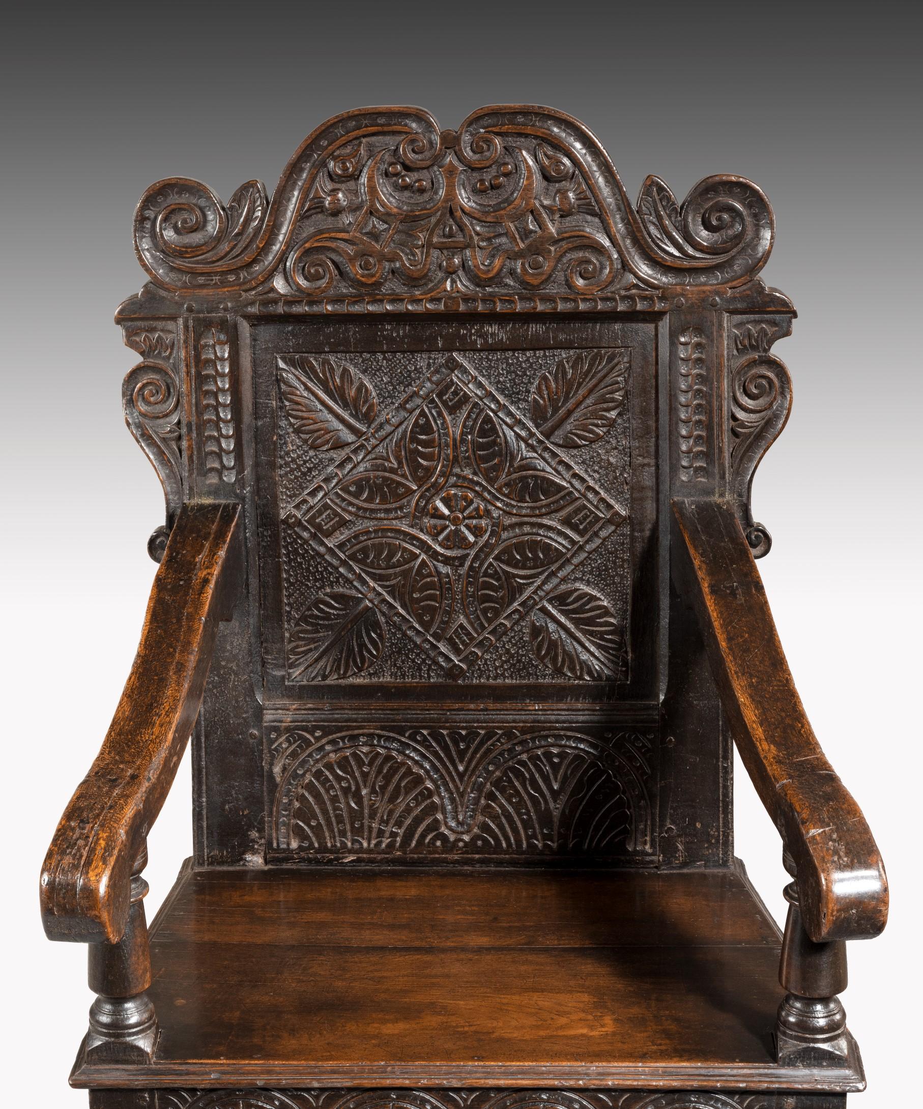 English Charles II Yorkshire Carved Oak Wainscot Armchair