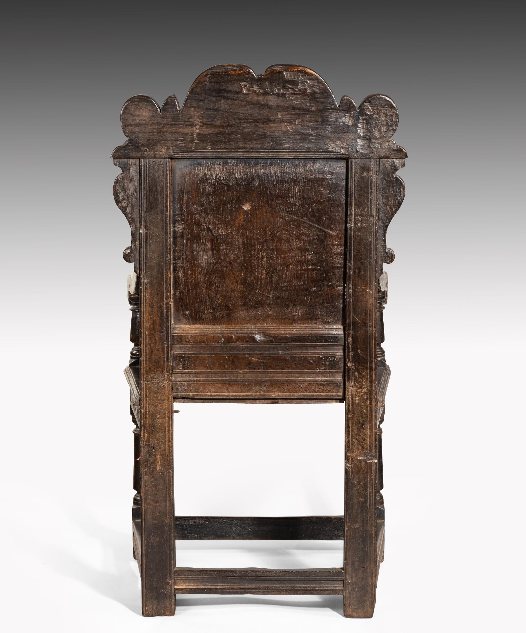 Charles II Yorkshire Carved Oak Wainscot Armchair In Good Condition In London, GB