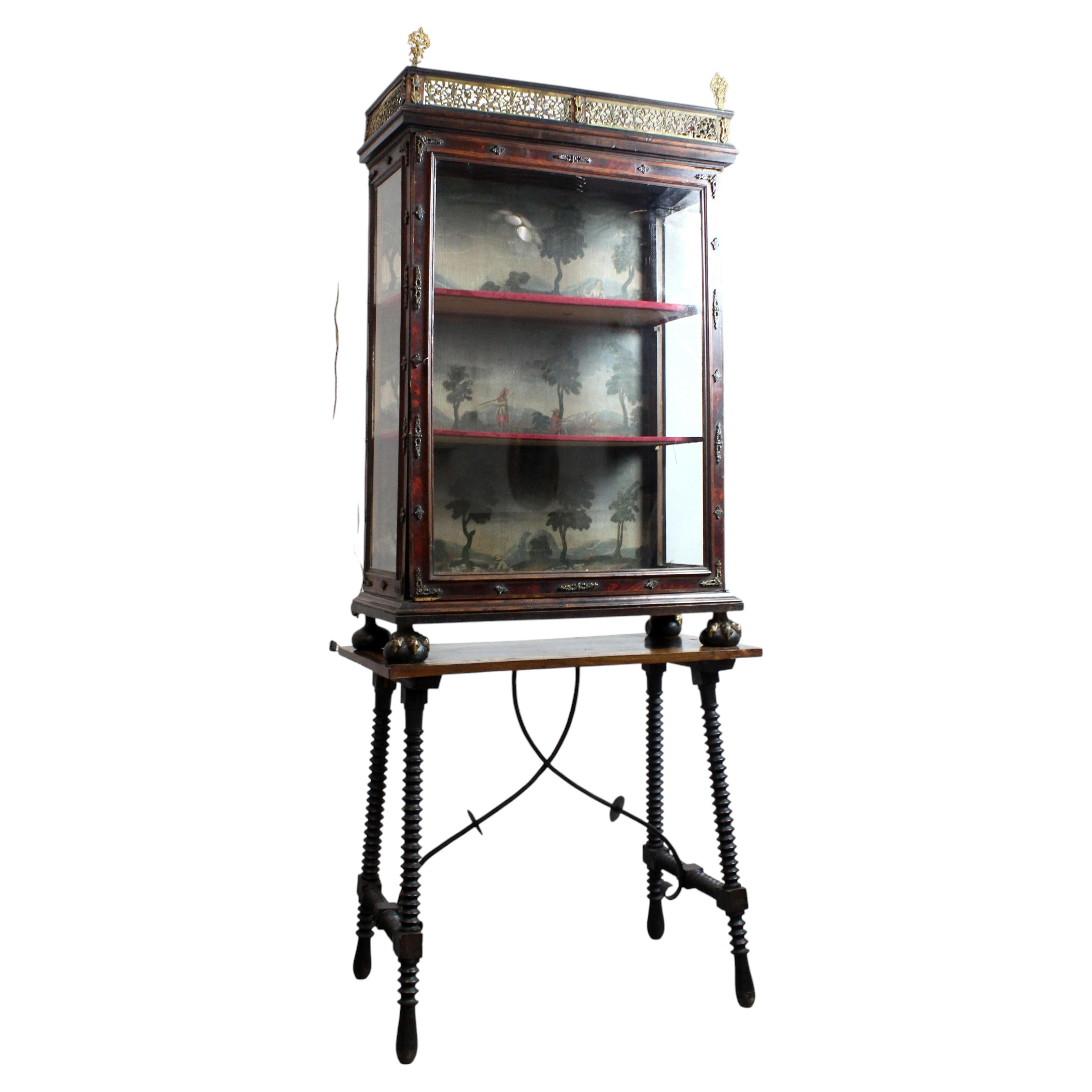 Charles III style ebonized wood display case with bronze mounts and polychrome For Sale