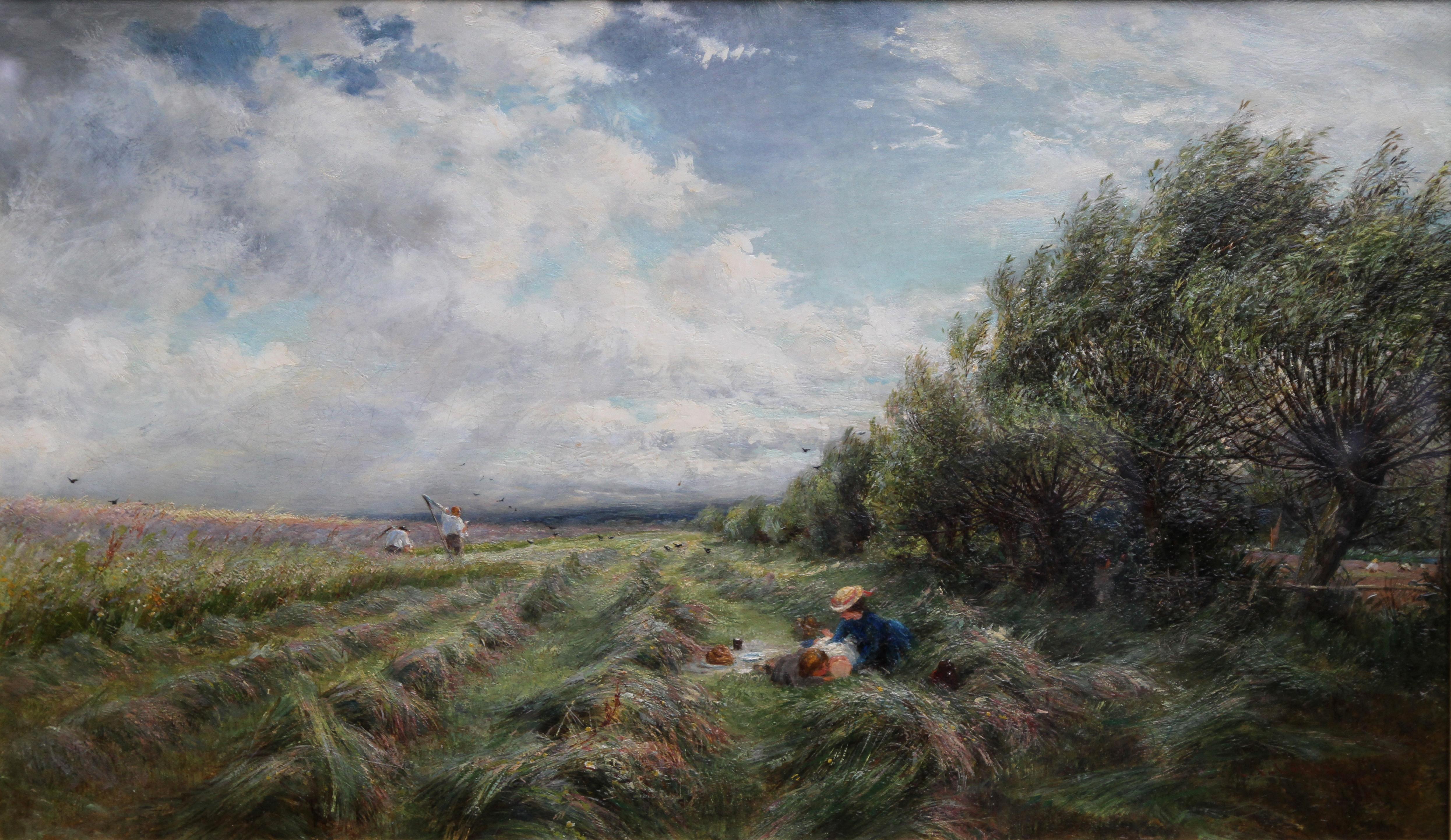 A Breezy Haymaking Day - British Victorian Impressionist landscape oil painting  5
