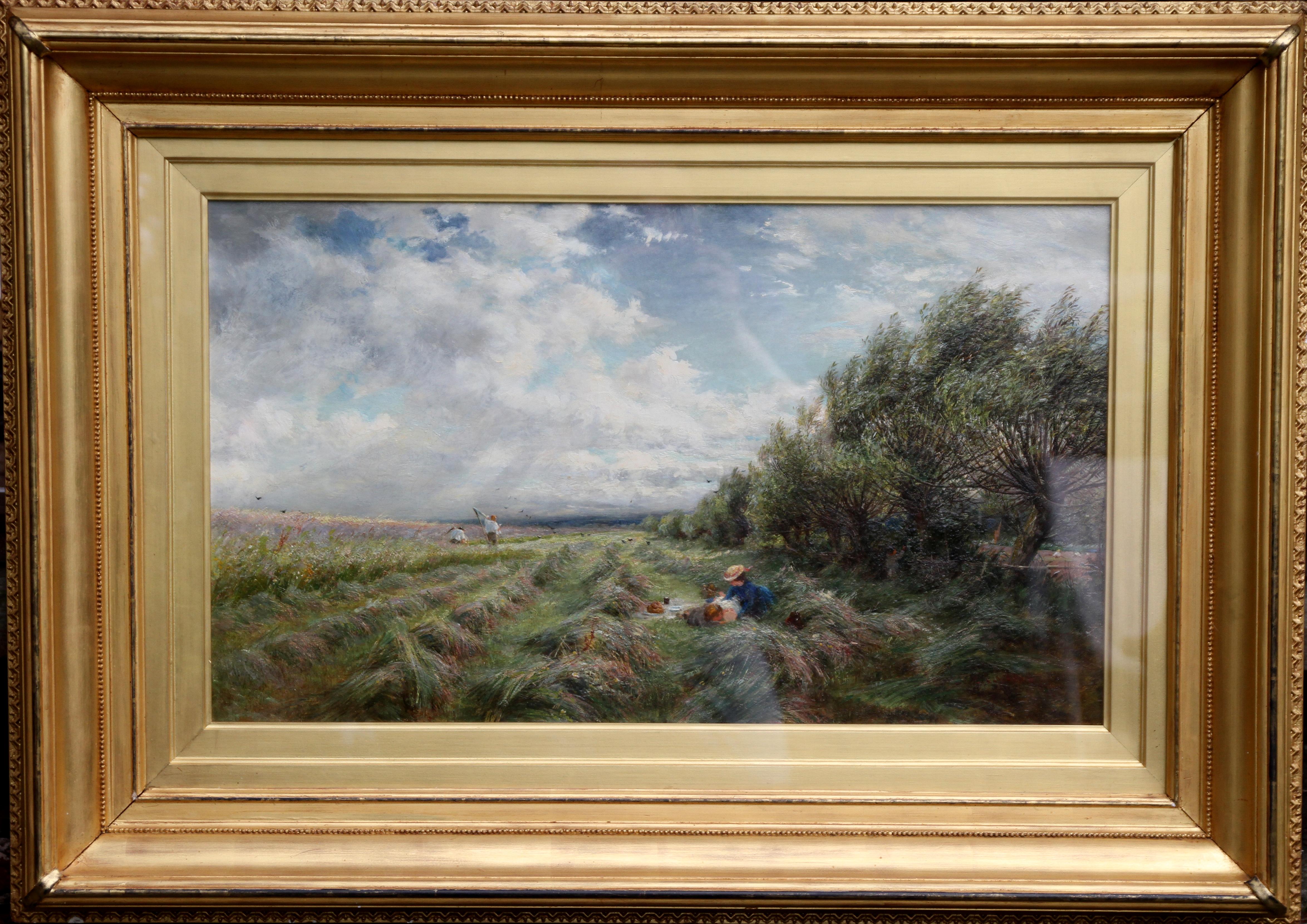 A Breezy Haymaking Day - British Victorian Impressionist landscape oil painting  6