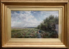 A Breezy Haymaking Day - British Victorian Impressionist landscape oil painting 