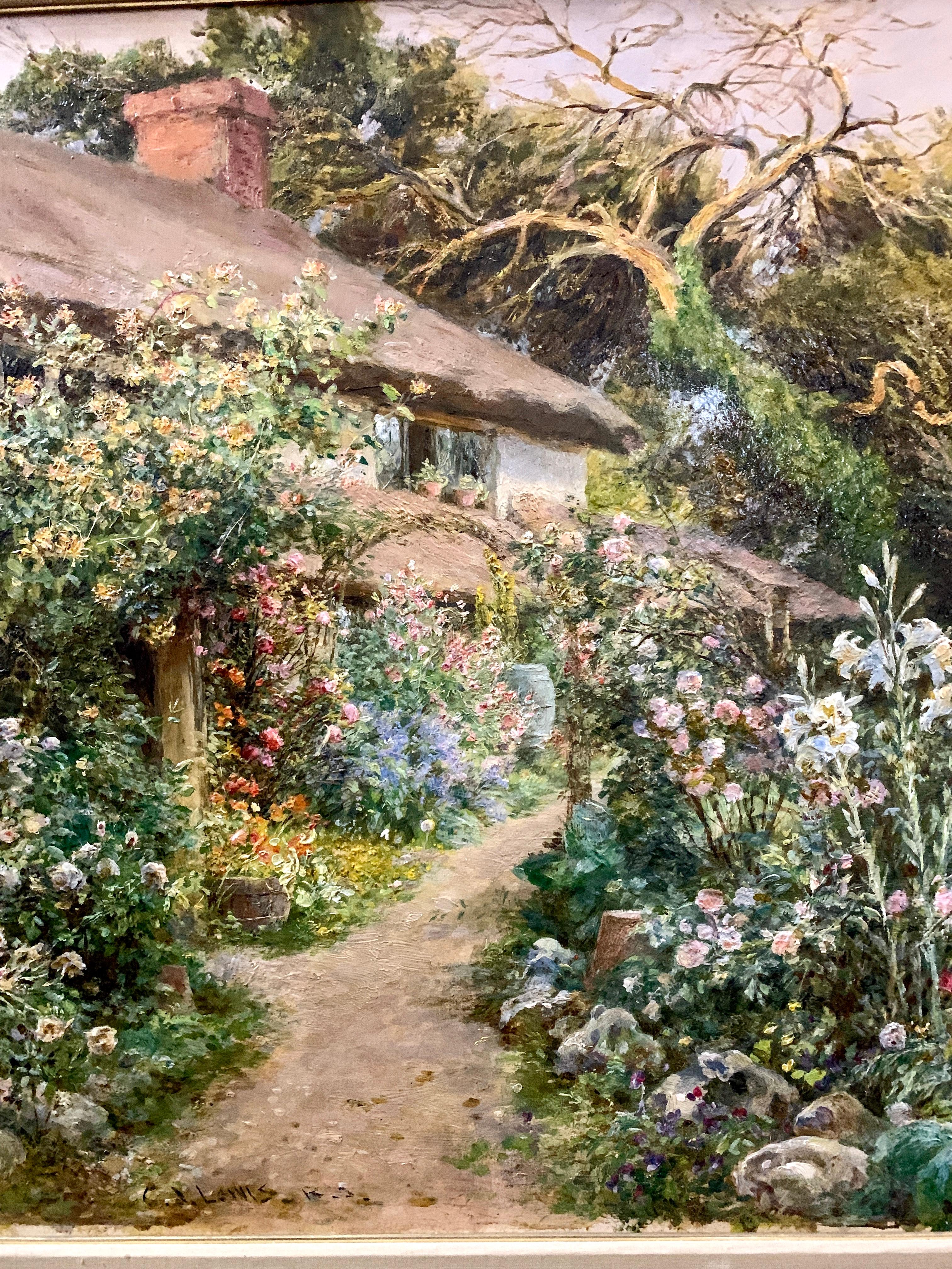 Englische viktorianische Cottage-Garten-Erntelandschaft des 19. Jahrhunderts mit Blumen – Painting von Charles James Lewis