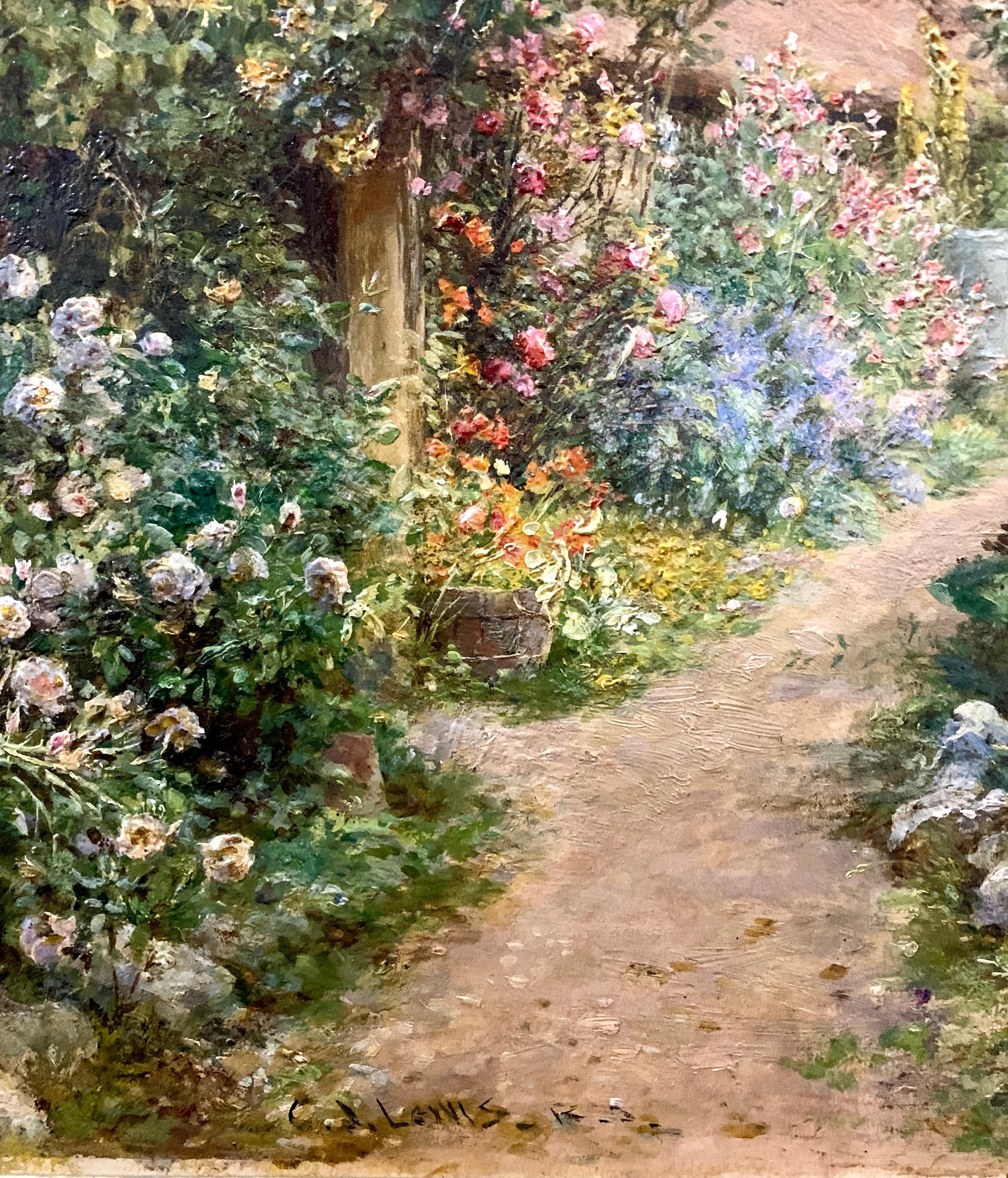 Paysage de jardin victorien anglais du 19ème siècle, avec fleurs - Marron Figurative Painting par Charles James Lewis