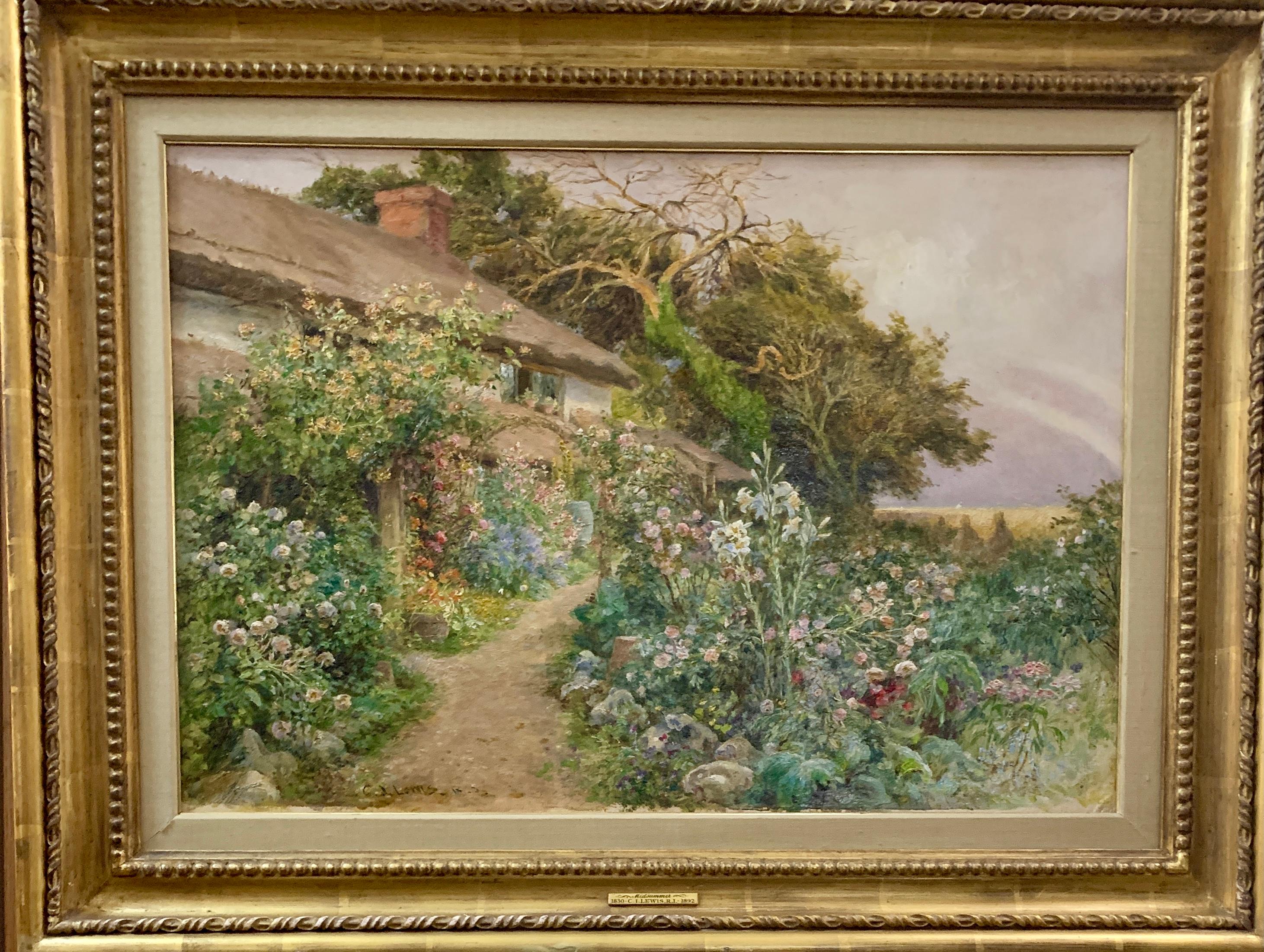 Charles James Lewis Figurative Painting – Englische viktorianische Cottage-Garten-Erntelandschaft des 19. Jahrhunderts mit Blumen