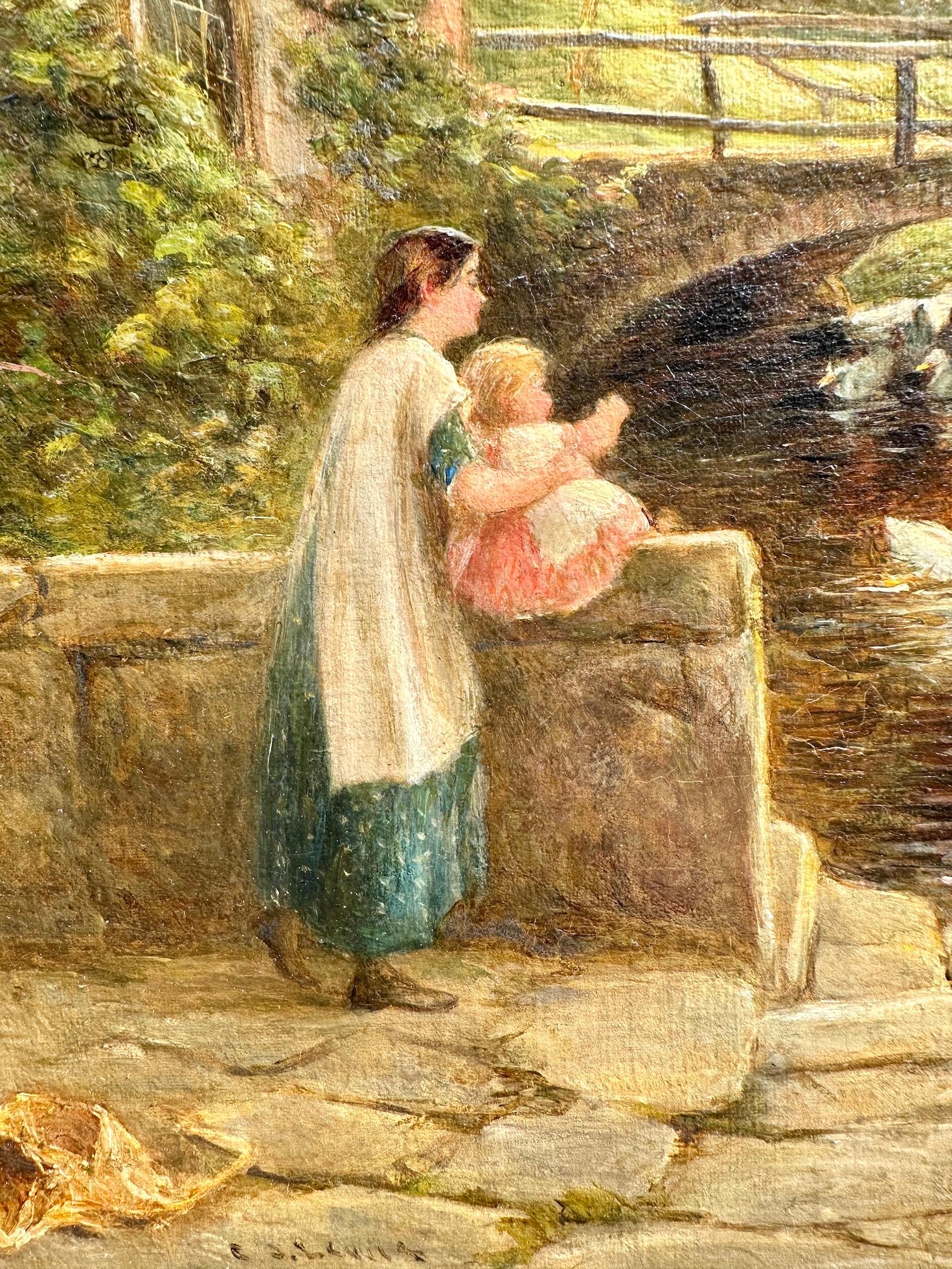 English landscape 19th century Mother and child by a cottage, looking at Ducks  - Painting by Charles James Lewis