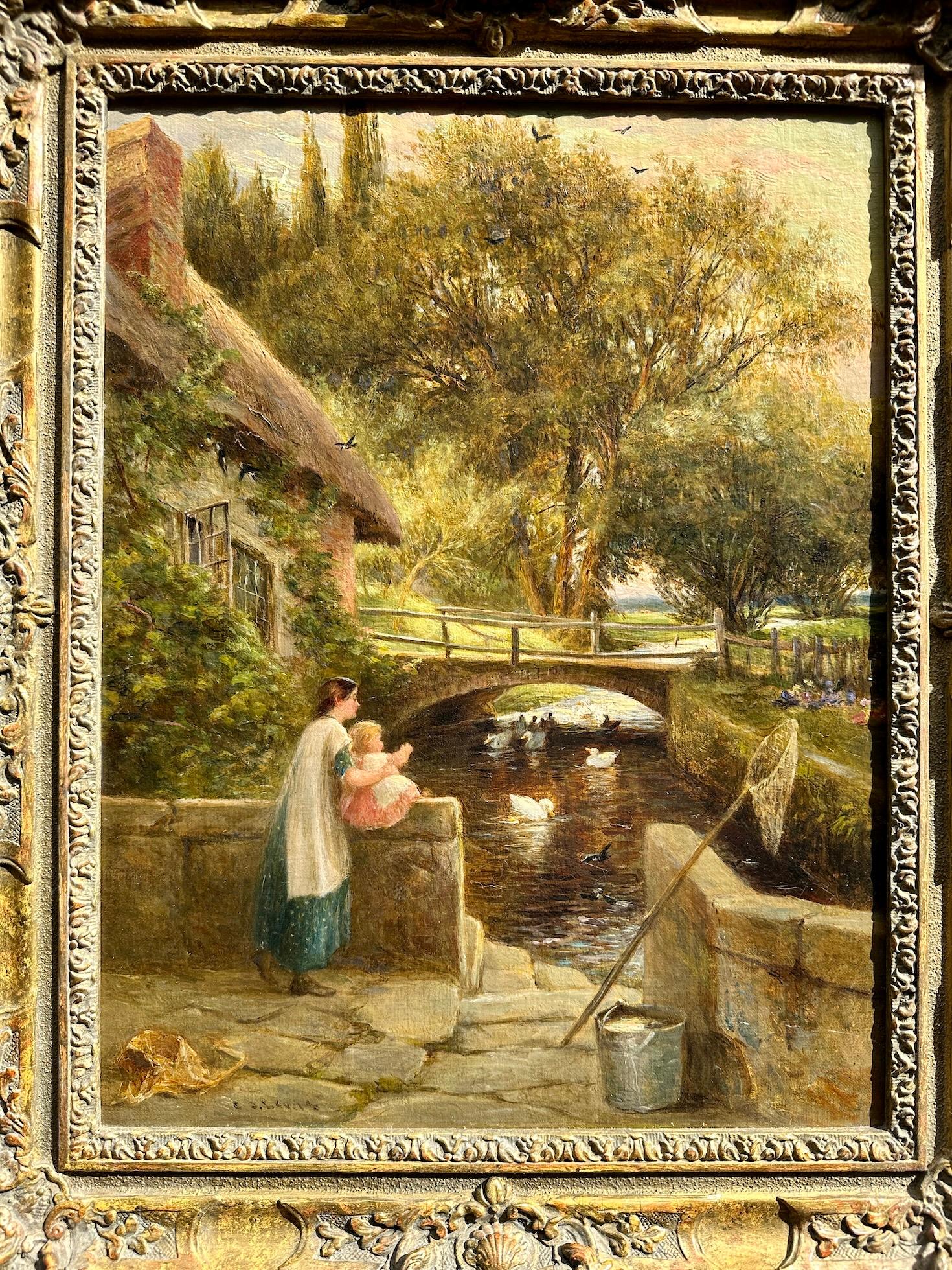 Paysage anglais 19e siècle Mère et enfant près d'un cottage, regardant des canards  en vente 1