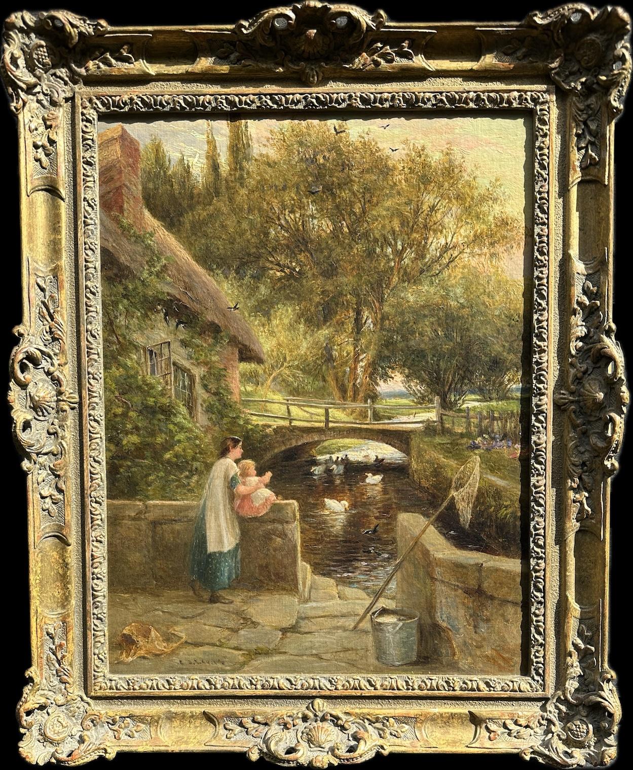 English landscape 19th century Mother and child by a cottage, looking at Ducks 