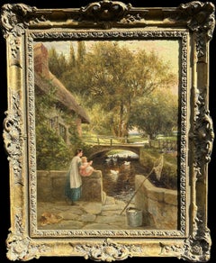 Antique English landscape 19th century Mother and child by a cottage, looking at Ducks 