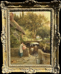 English landscape 19th century Mother and child by a cottage, looking at Ducks 