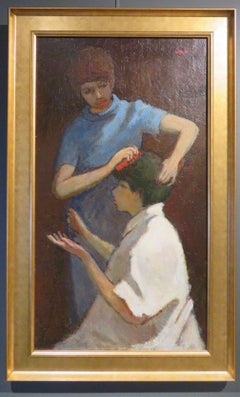 Vintage Charles McCall SCOTTISH PORTRAIT Mid Century Modern Oil Painting "HAIRDRESSING"