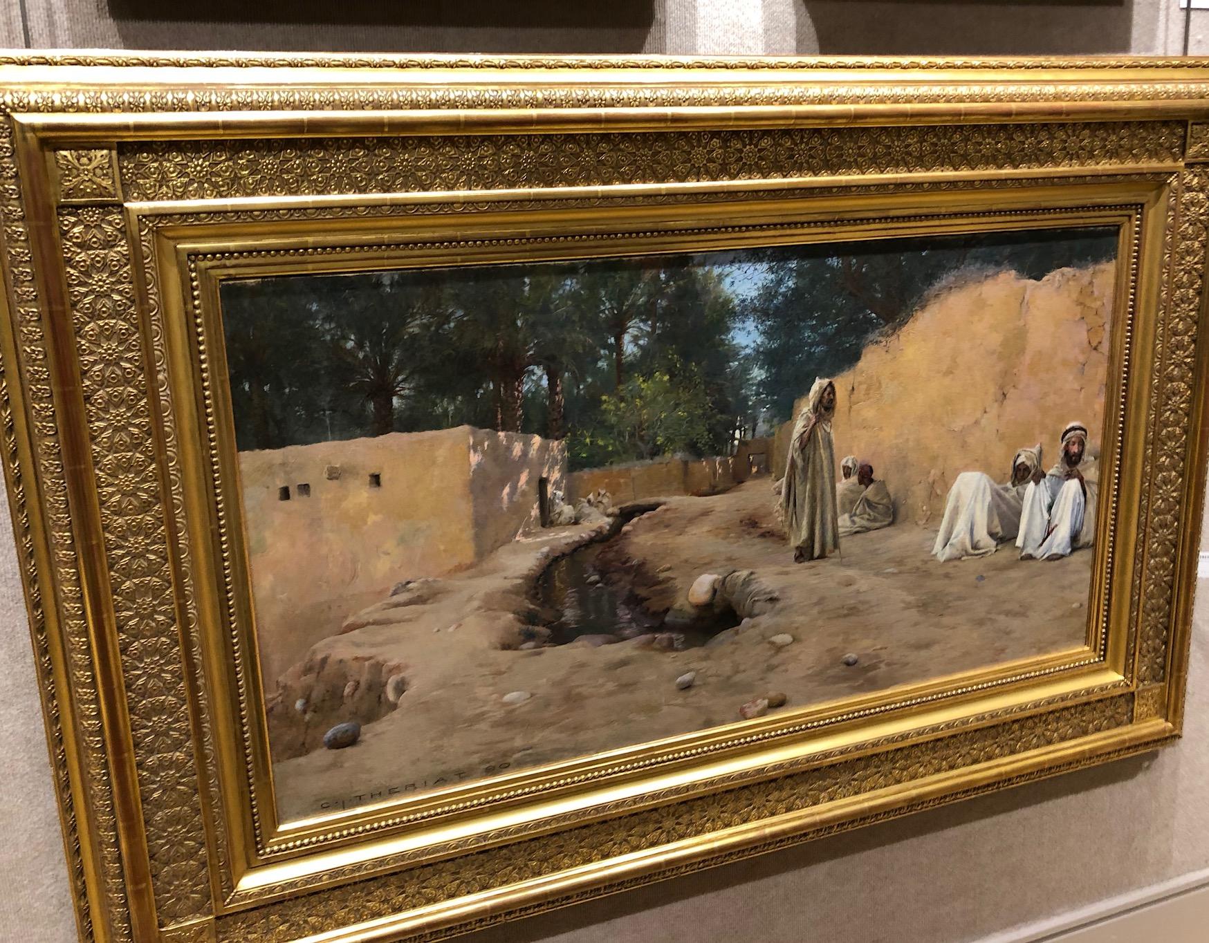 Fantastic oil painting by Charles James Theriat (American, 1860-1934).
Arab men resting in the valley, 1890 with original elaborate giltwood frame.

Signed and dated C. THERIAT - 90 
Oil on canvas 

Measures: 26 x 49 inches without