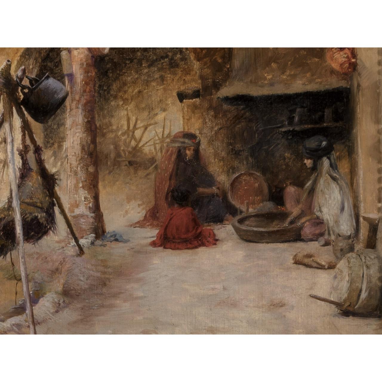 Pintura al óleo de interior de una familia dentro de su casa por Charles James Theriat en venta 1