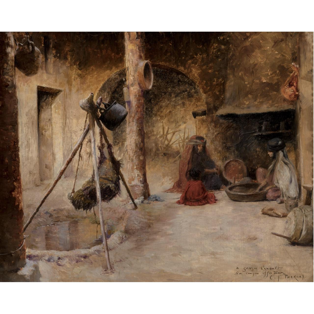 Título: Interior
Artista: Charles James Theriat (1860-1934)
Origen: Americano
Técnica: Óleo sobre lienzo
Dimensiones: 13 1/2 x 16 1/4 pulgadas
Firma: Firmado e inscrito abajo a la derecha: C.T. Theriat