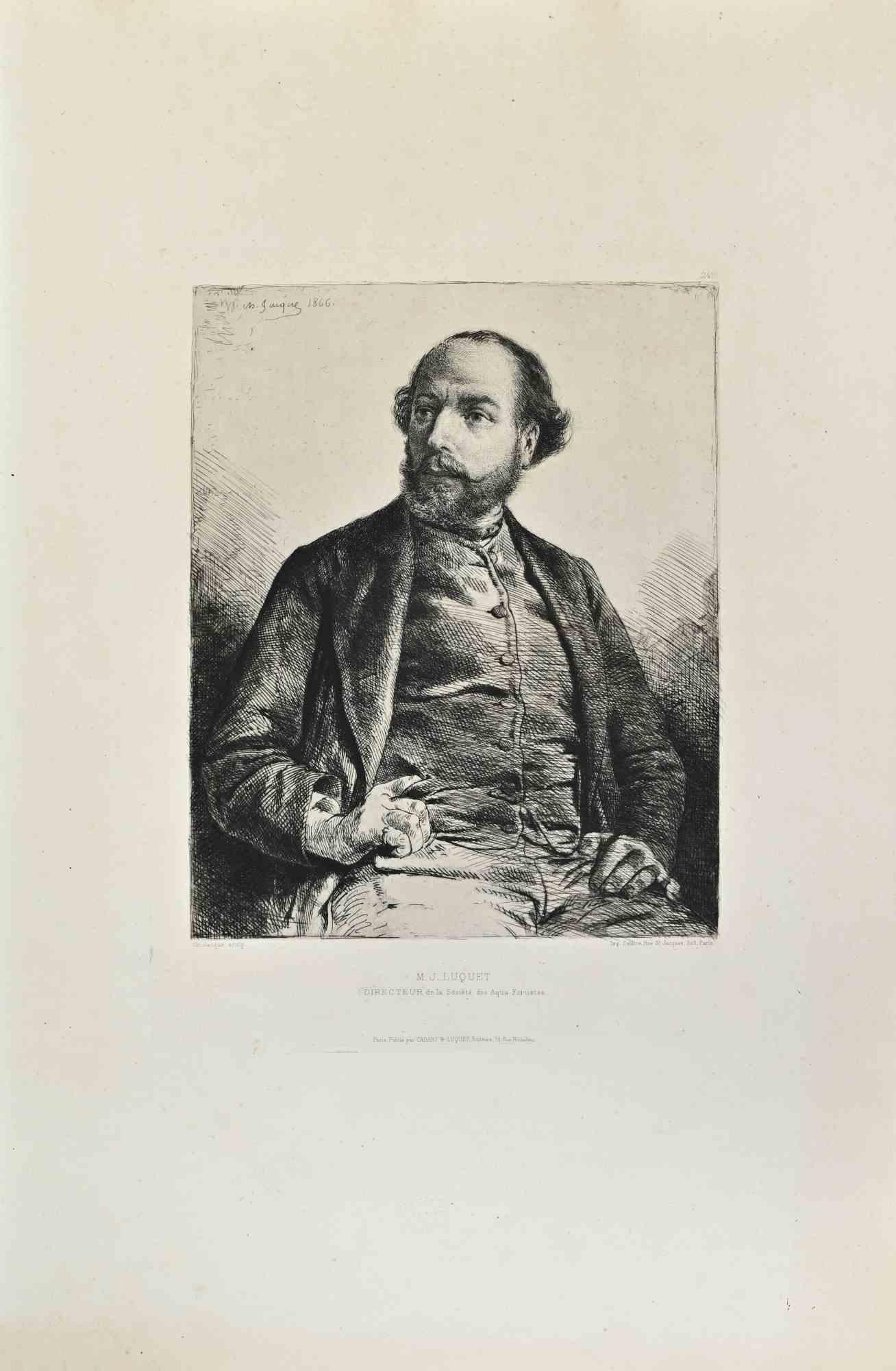 M.J. Luquet is an artwork realized by Charles Jaque in the 1870s.

Etching.

Good conditions.

Realized for the "Société des Aquafortistes. Born on the initiative of the publisher Alfred Cadart, the Société des Aquafortistes had the aim of reviving