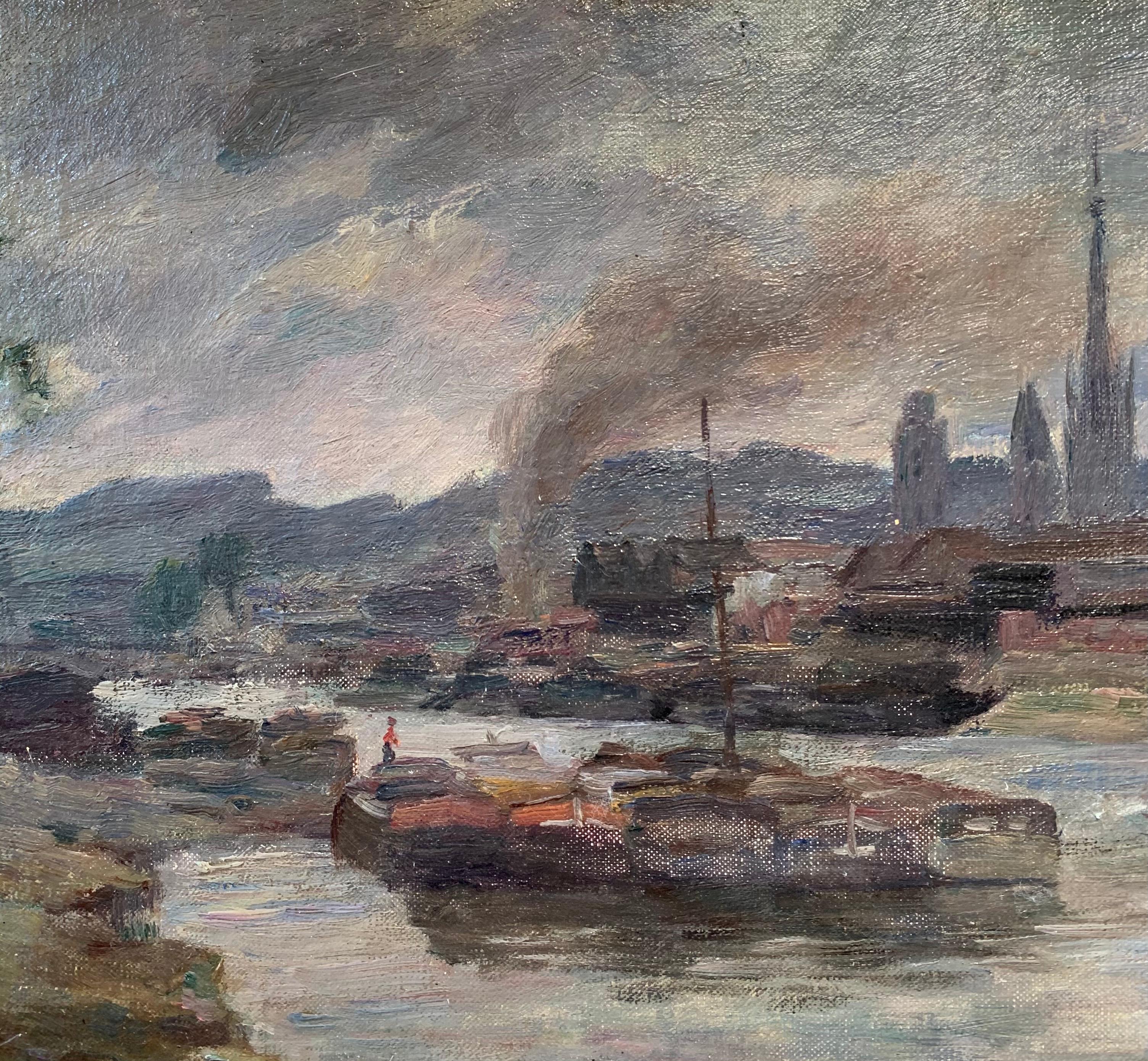 Charles Jean Agard Landscape Painting - "View of Rouen" France, Impressionist 19th century, Oil on Cardboard, 1898 
