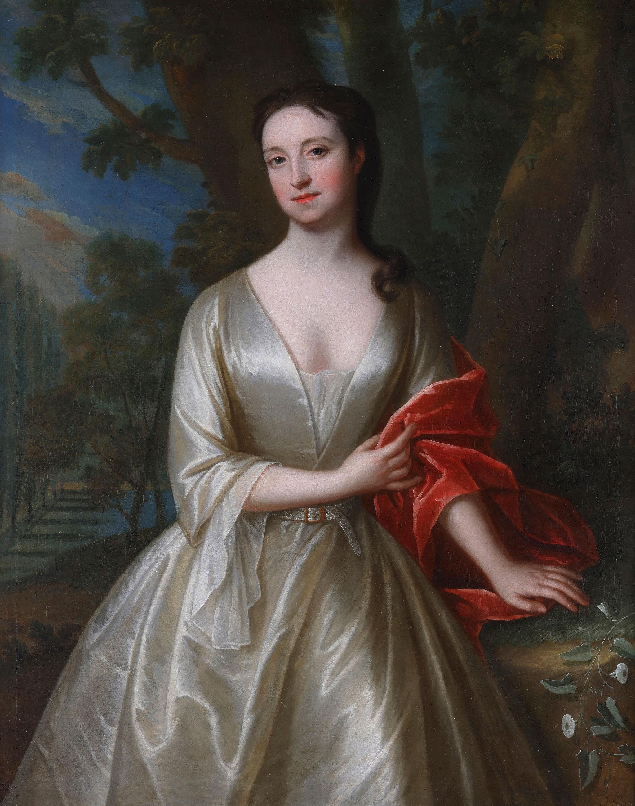 Porträt einer Dame, möglicherweise Frances Thynne, Lady Worsley 1673-1750, Öl auf Leinwand – Painting von Charles Jervas