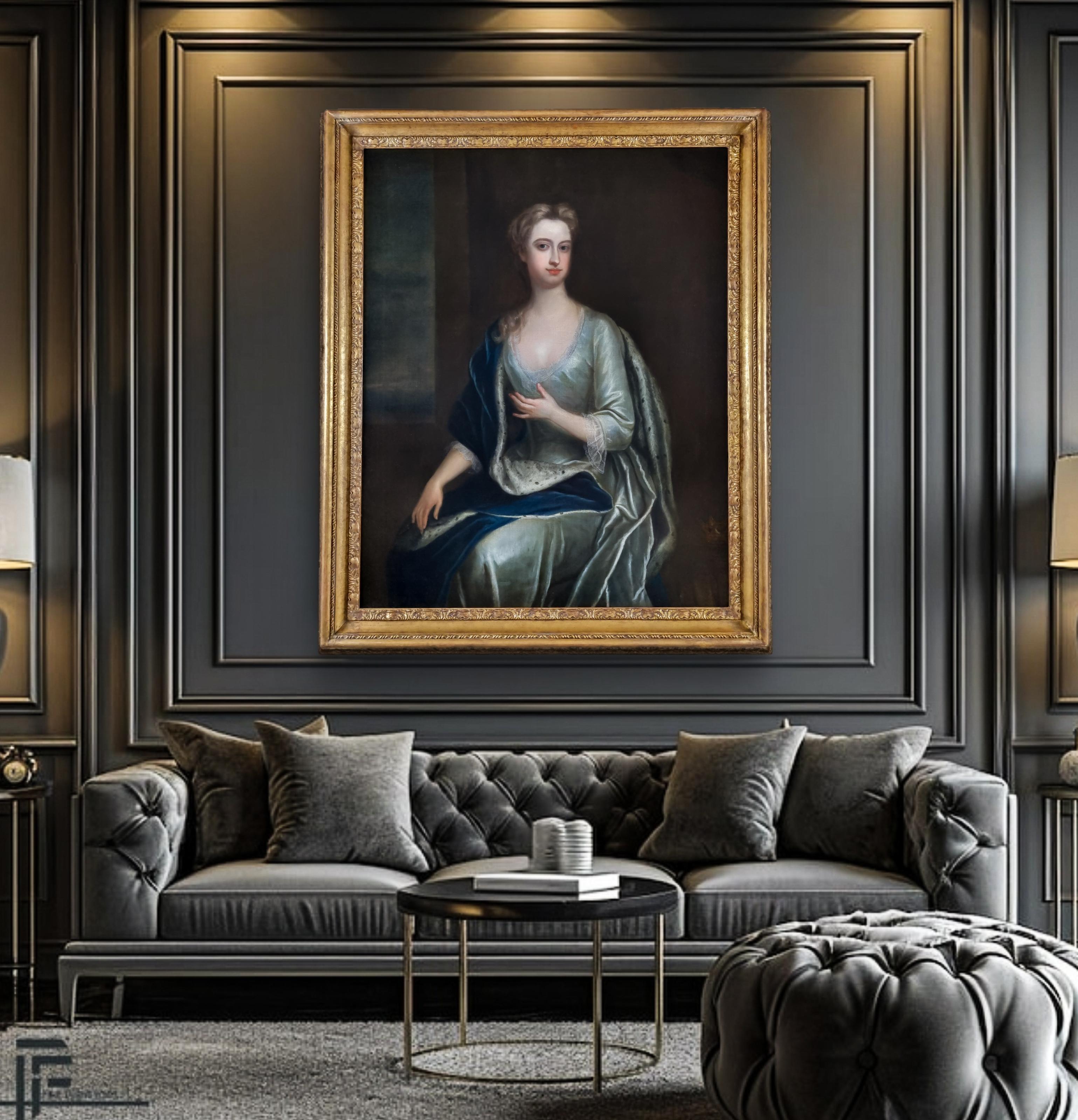 Portrait de la vicomtesse Scudamore dans une robe argentée et un crémaillère bleue - Maîtres anciens Art par Charles Jervas