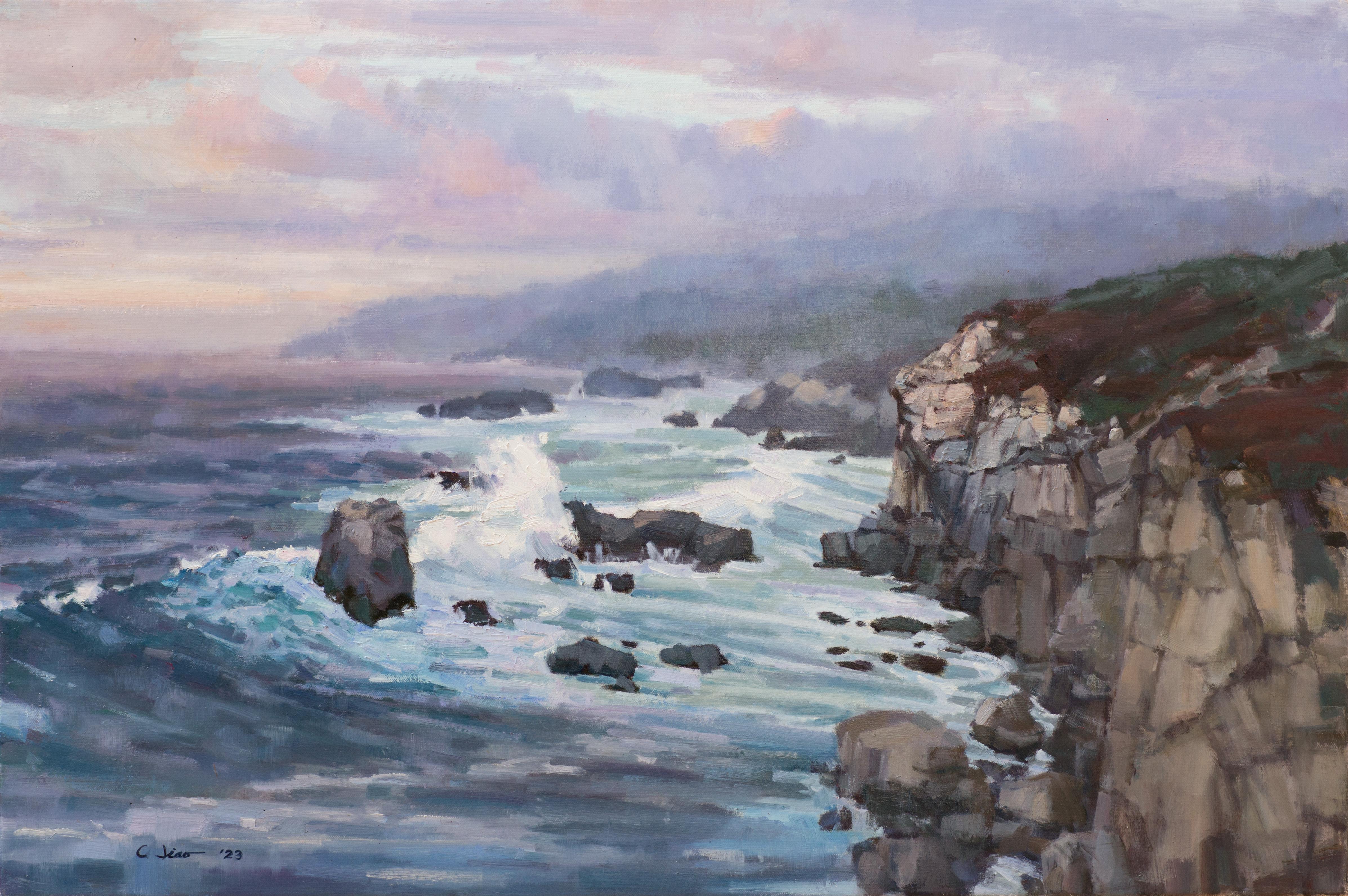 Landscape Painting Charles Jiao  - Peinture à l'huile originale de paysage : une soirée à Pebble Beach