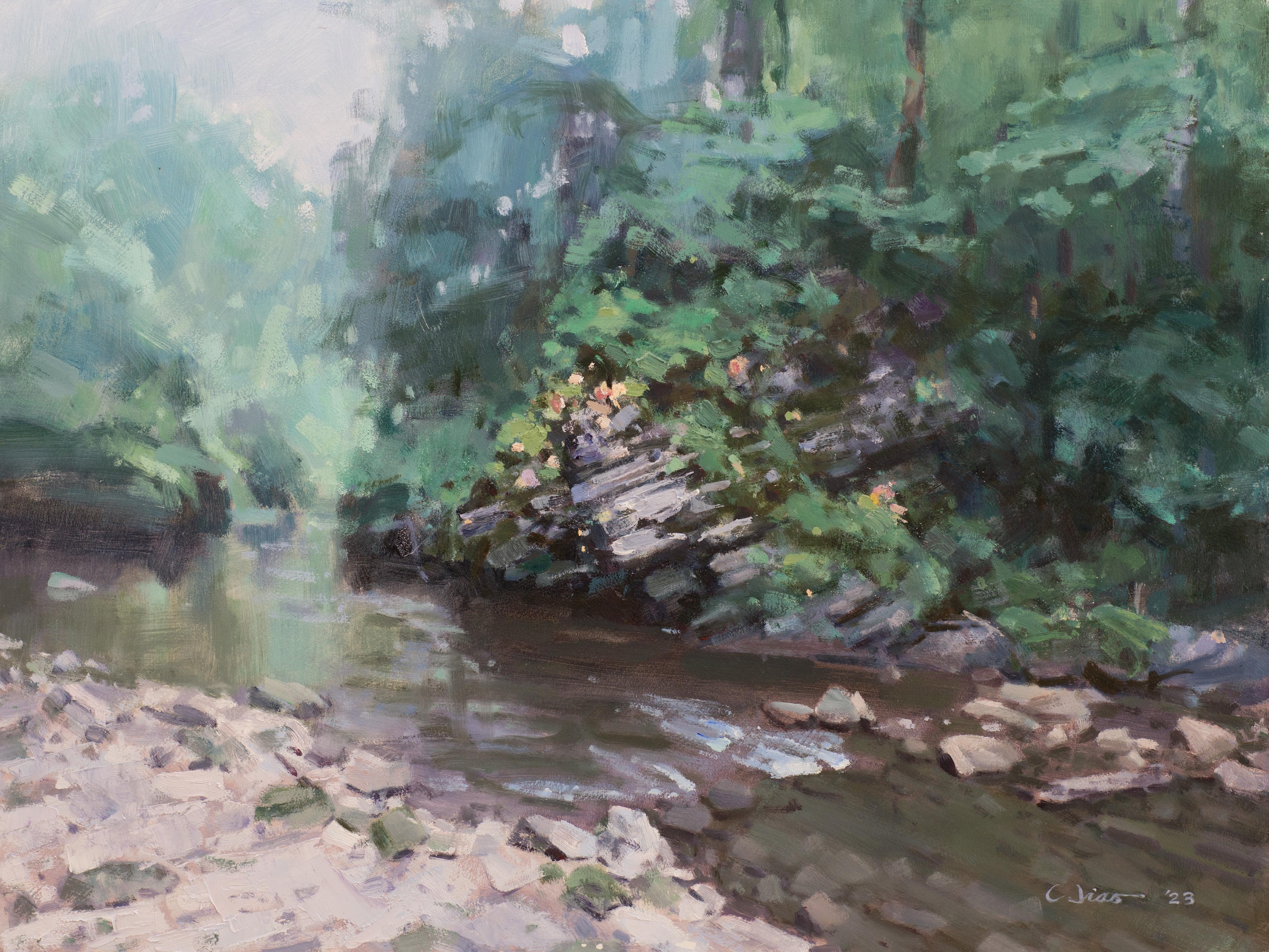 Charles Jiao  Landscape Painting – Original-Landschafts-Ölgemälde: Down by the Creek