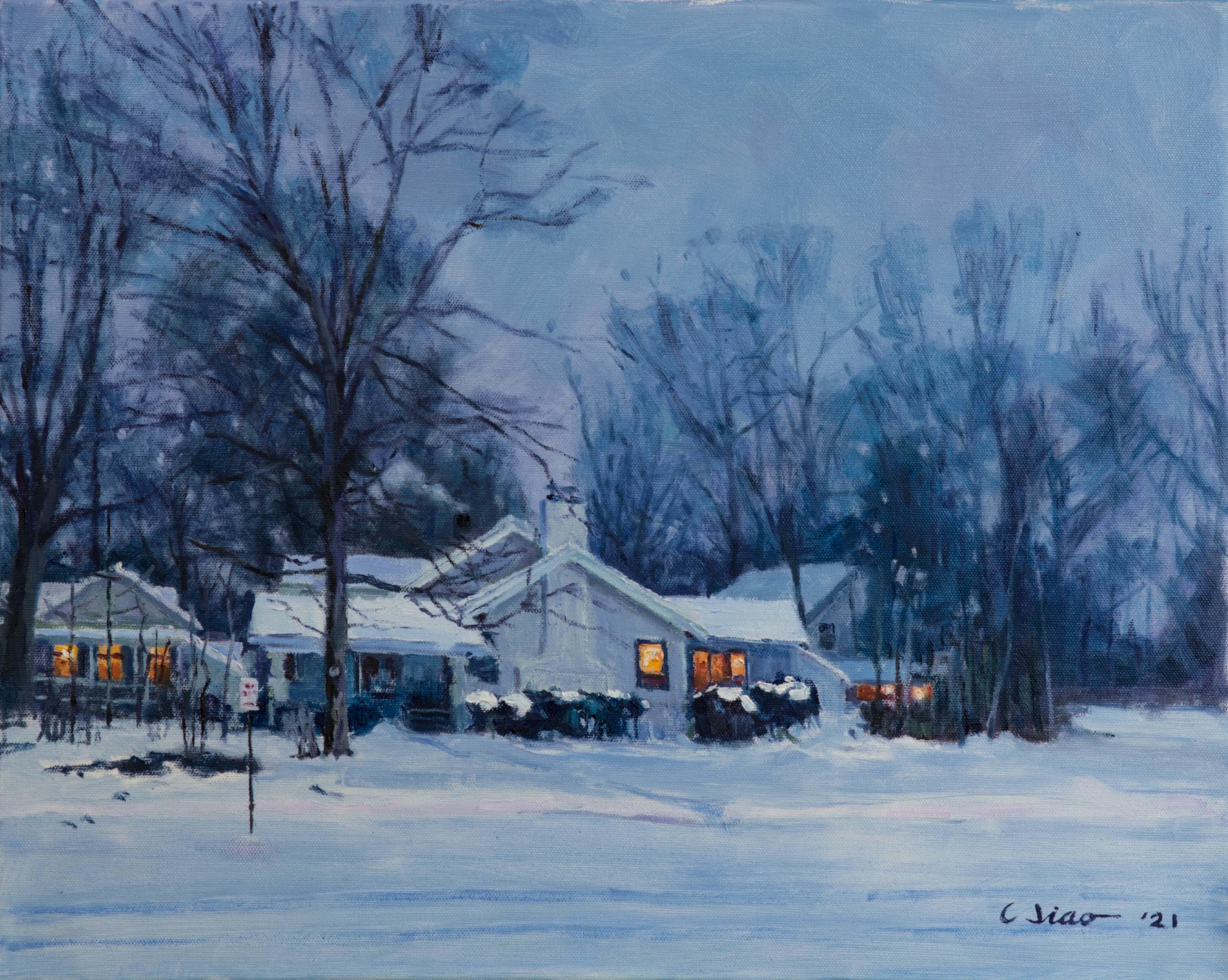 Charles Jiao  Landscape Painting - Original Landscape Oil Painting: Snowy Evening