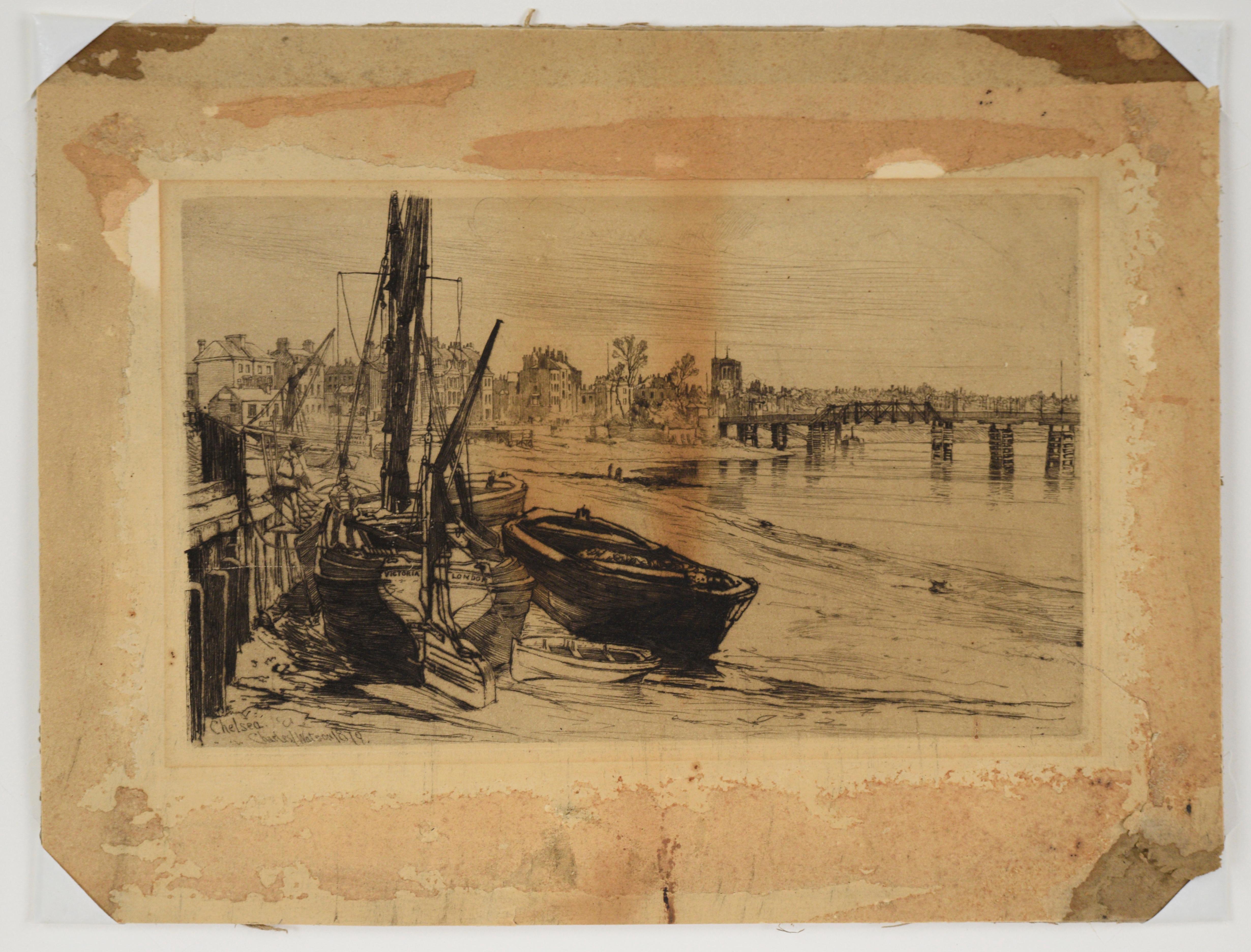 Veduta del ponte di Battersea, Chelsea, 1879 - Acquaforte su carta - Print di Charles John Watson