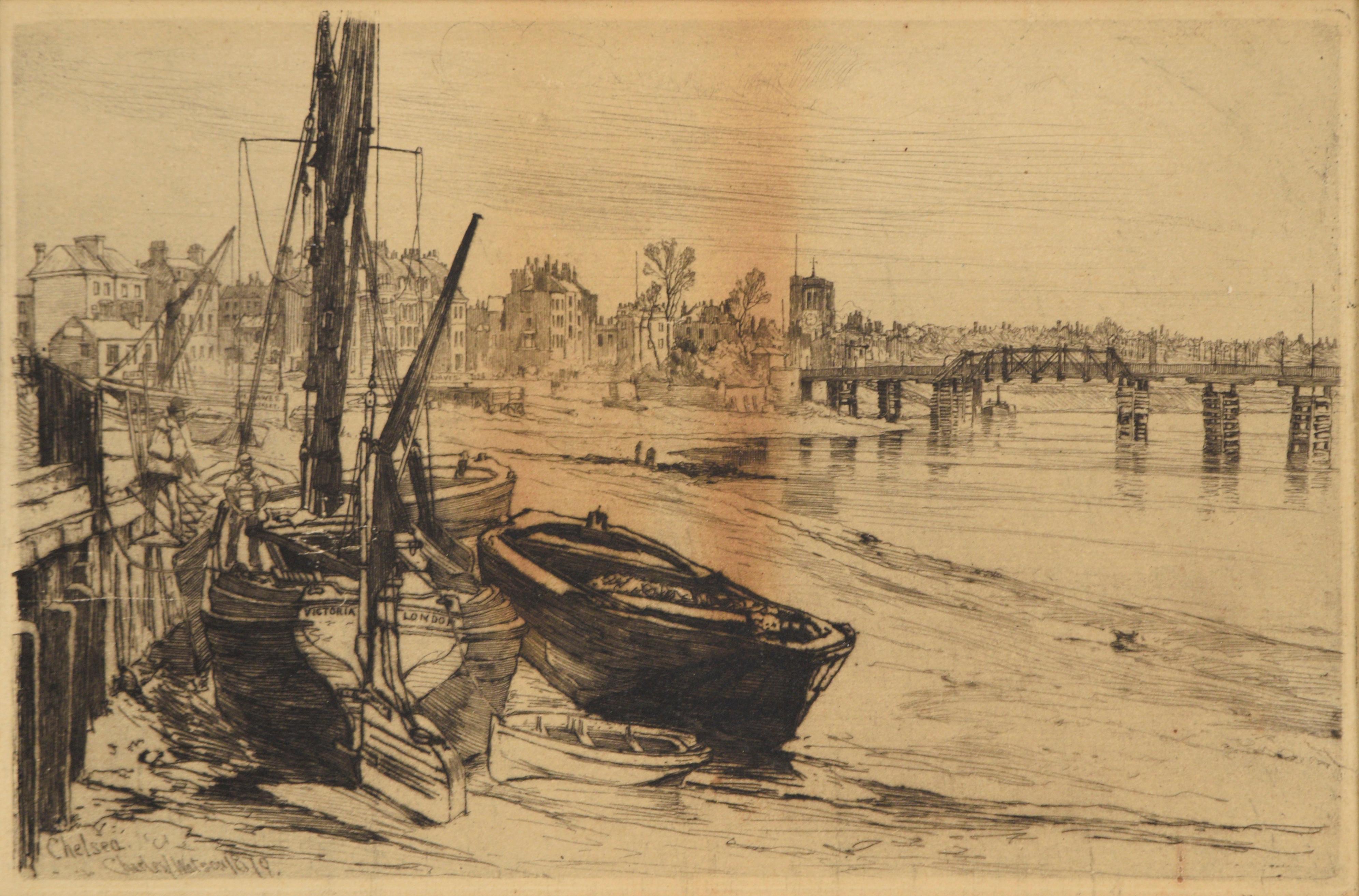 Old Battersea Bridge View, Chelsea, 1879 – Radierung auf Papier (Impressionismus), Print, von Charles John Watson