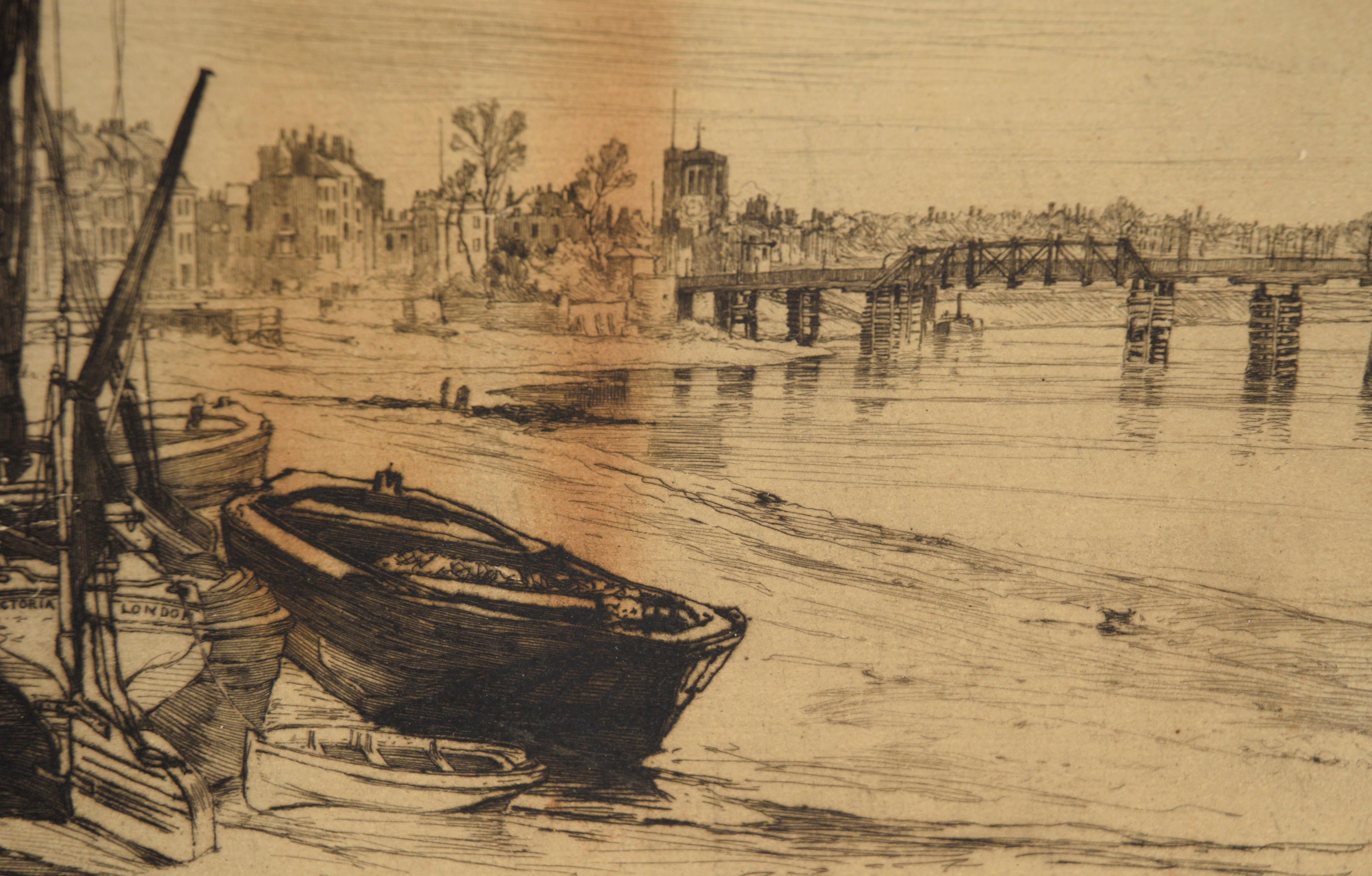 Old Battersea Bridge View, Chelsea, 1879 - Etching on Paper

Black and white 1897 etching titled 